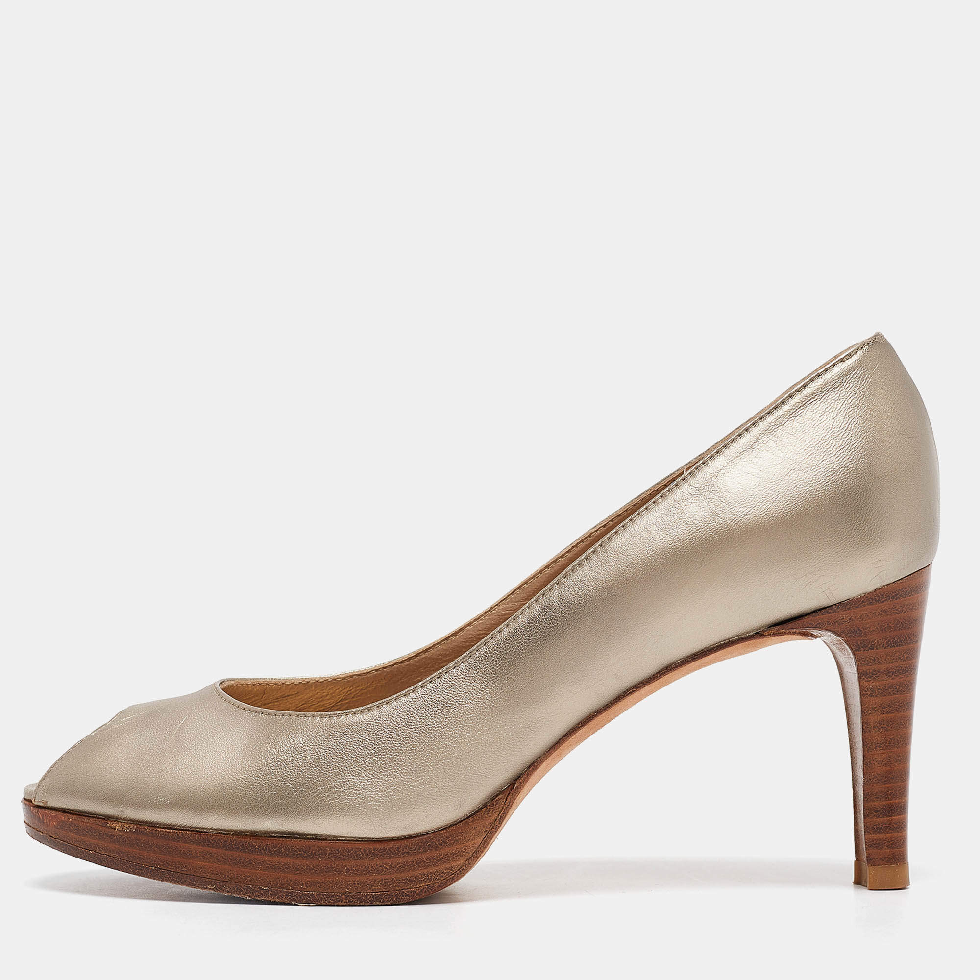 Pre Owned Stuart Weitzman Metallic Leather Peep Toe Pumps Size 37.5