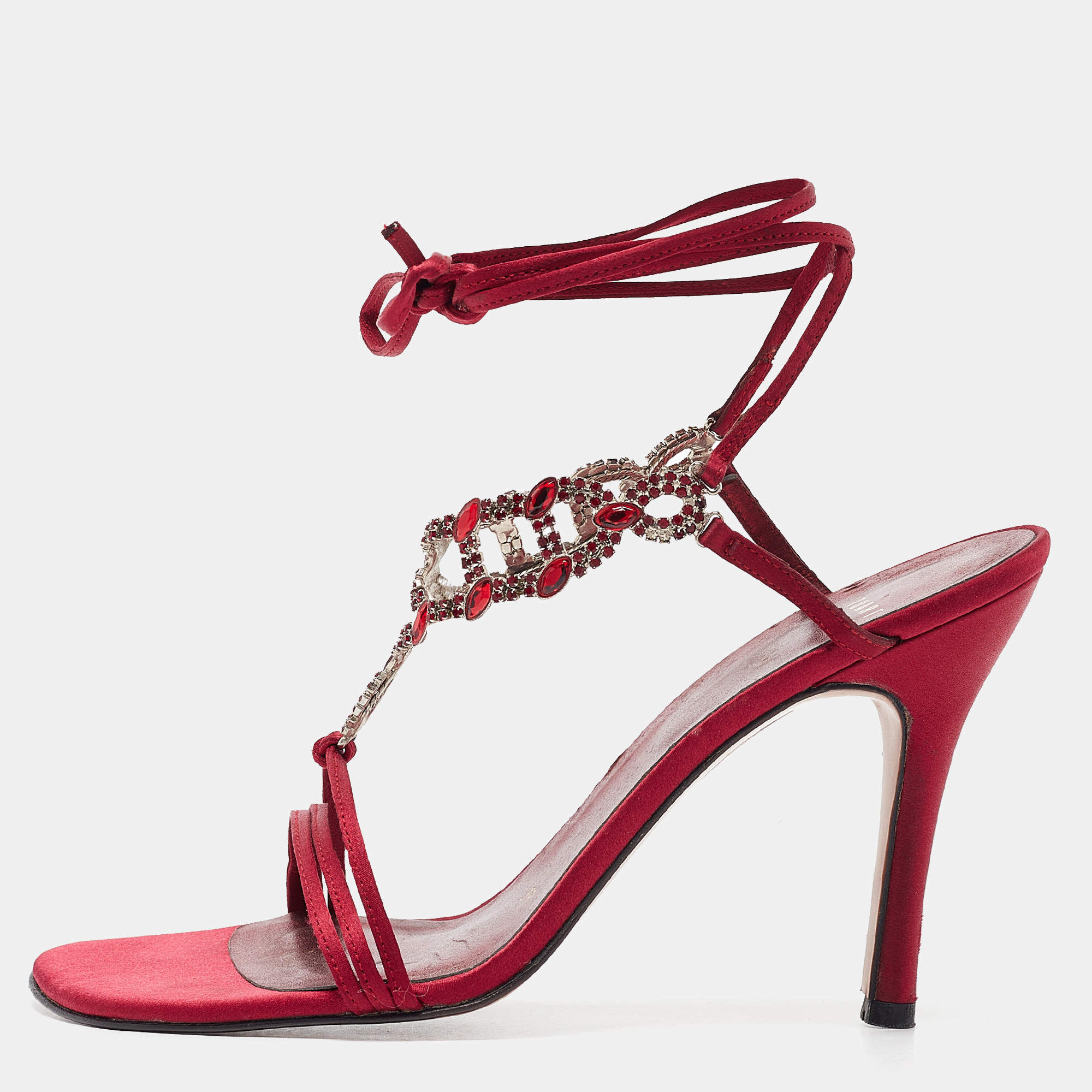 Stuart Weitzman Burgundy Satin Crystal Embellished Ankle Strap Sandals Size 39