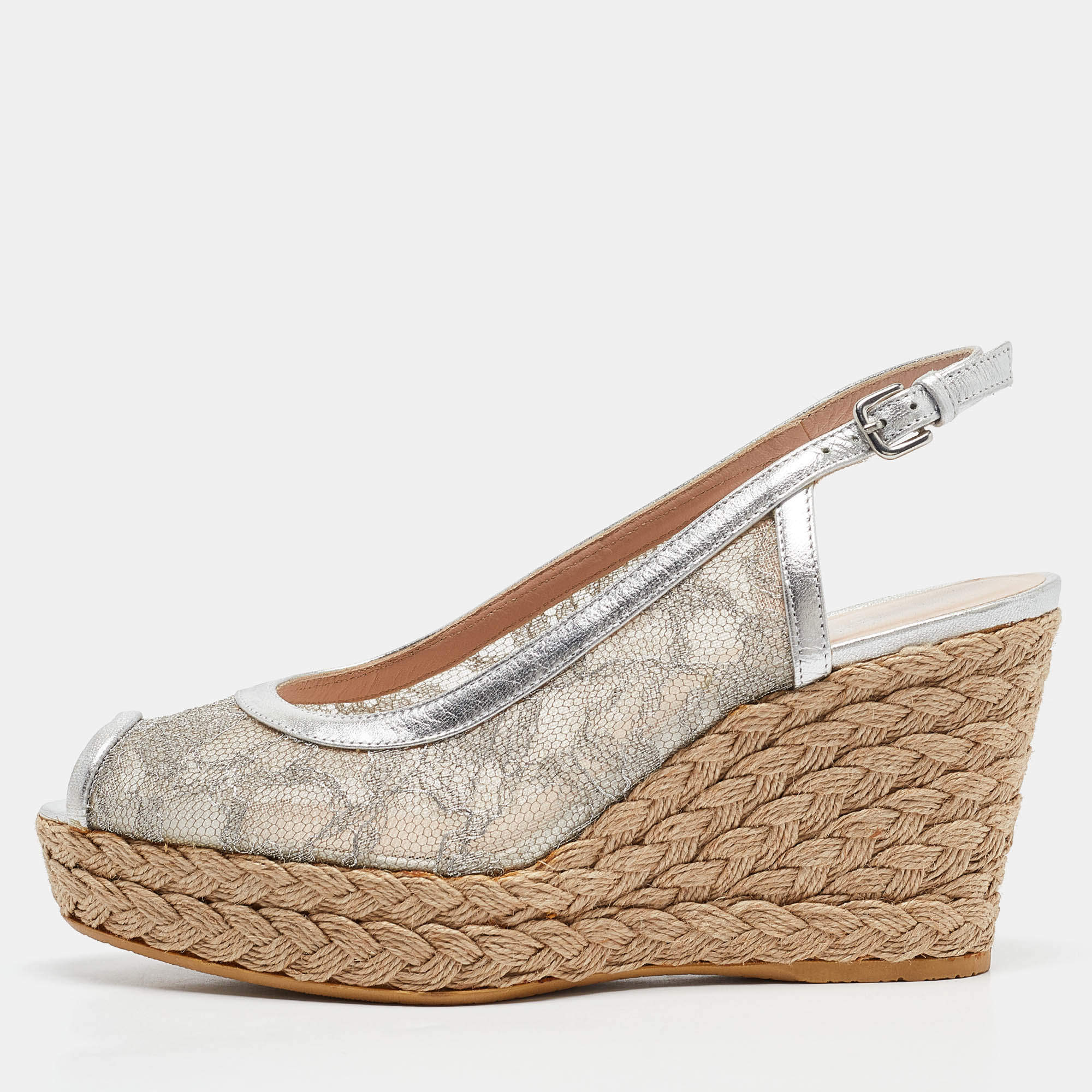 Stuart Weitzman Silver Lace and Leather Wedge Sandals Size 38