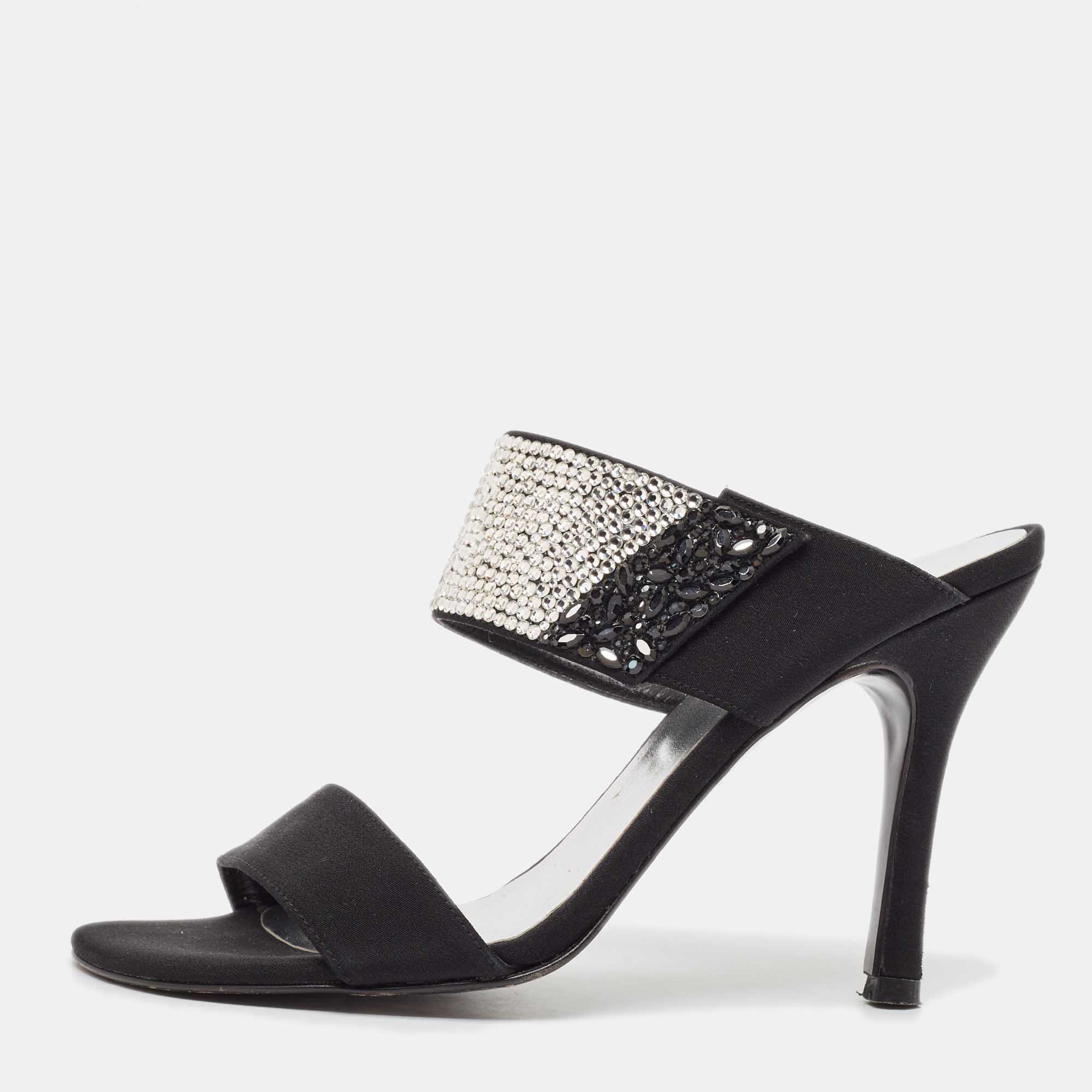 Stuart Weitzman Black Fabric Crystal Embellished Slide Sandals Size 36