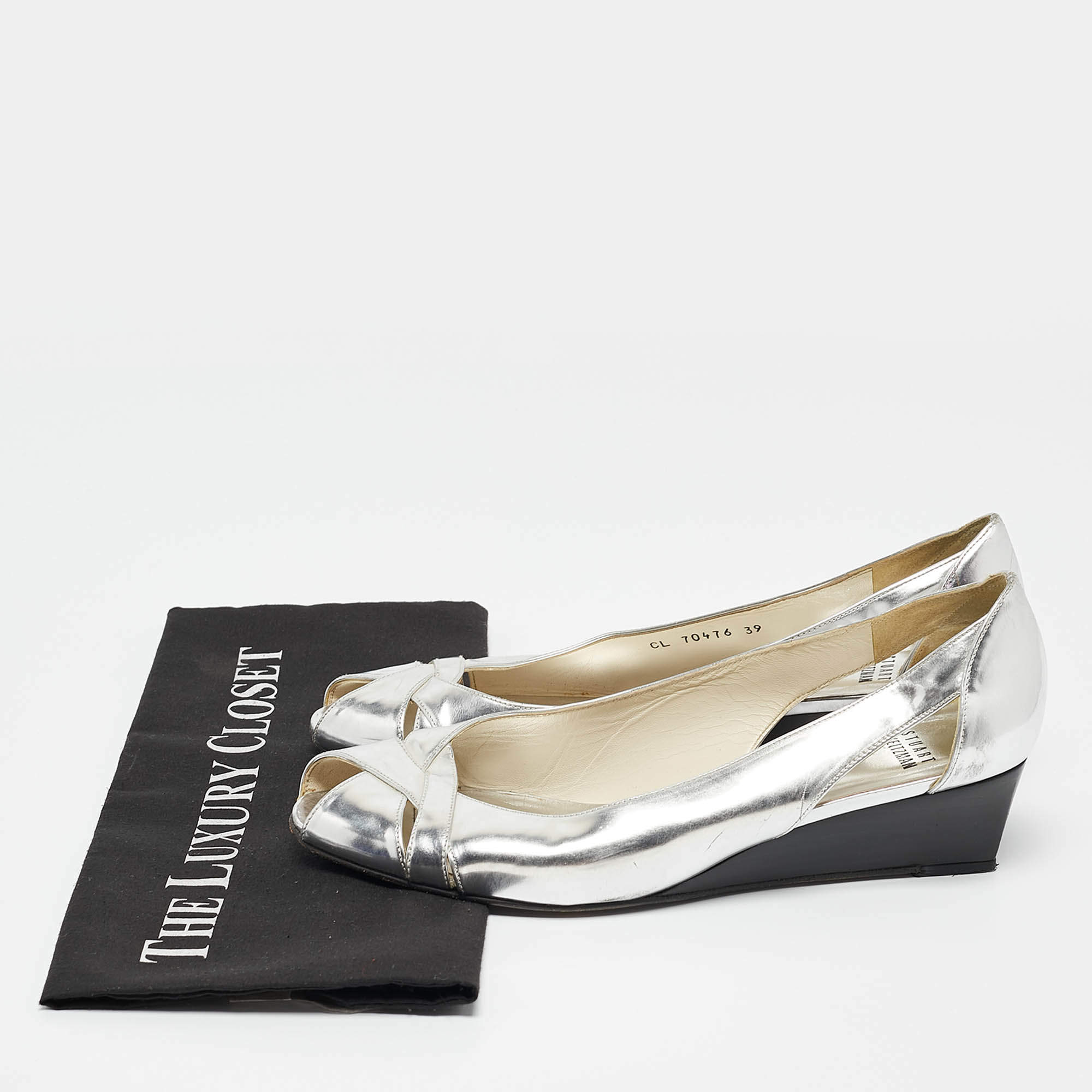 Pre Owned Stuart Weitzman Silver Leather Wedge Peep Toe Pumps Size 39