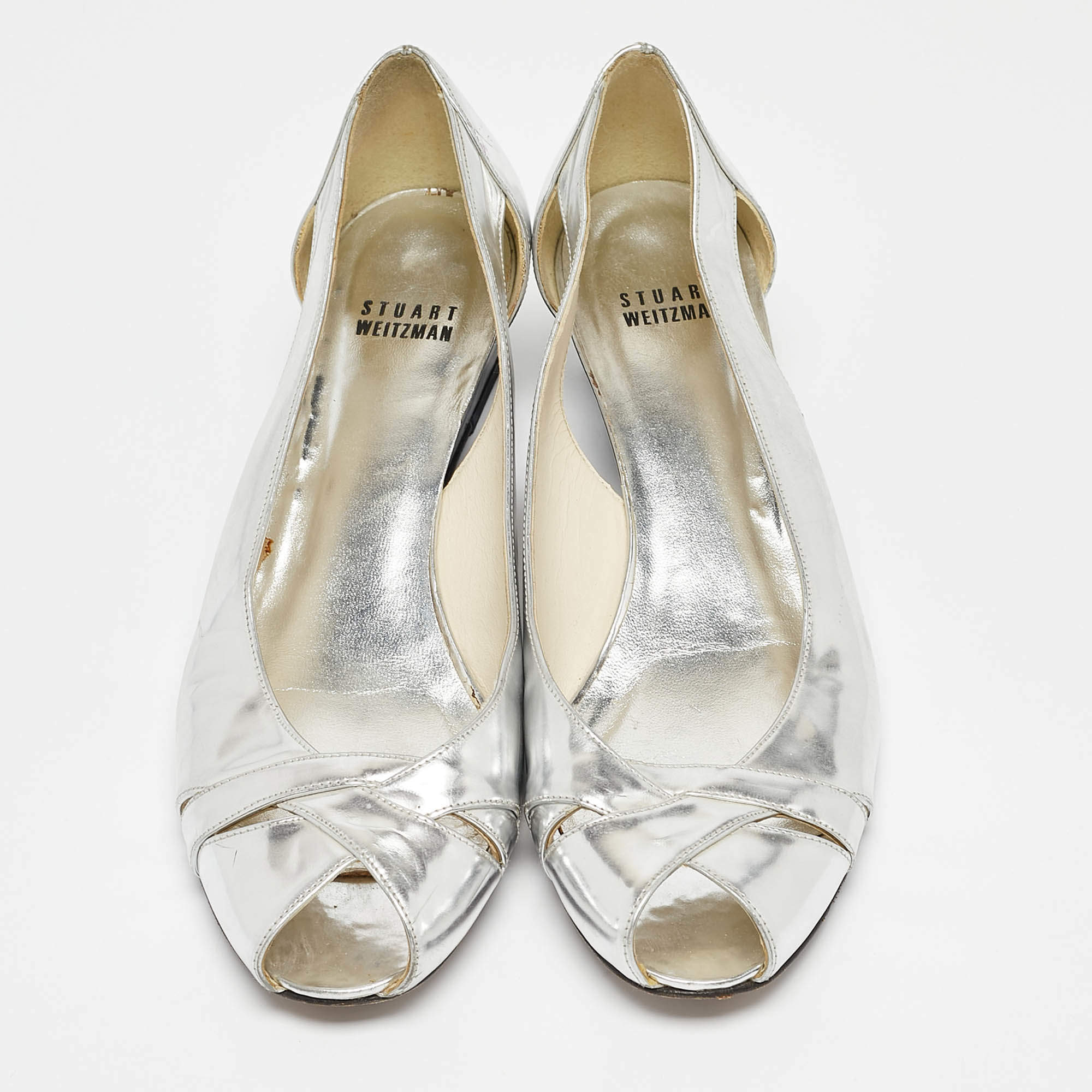Pre Owned Stuart Weitzman Silver Leather Wedge Peep Toe Pumps Size 39