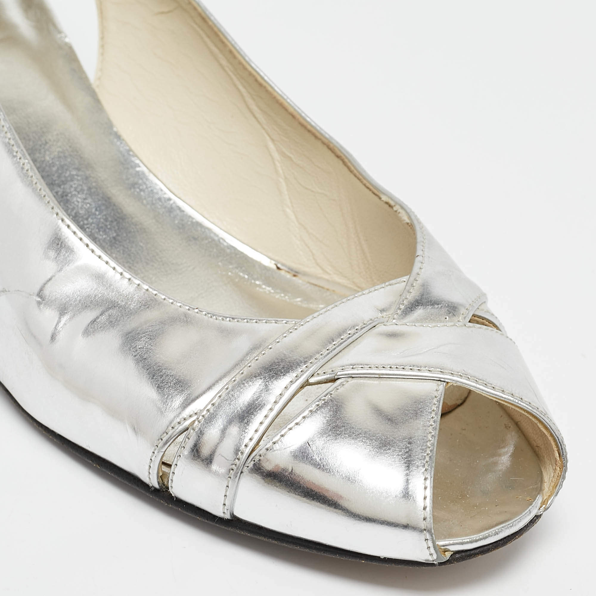 Pre Owned Stuart Weitzman Silver Leather Wedge Peep Toe Pumps Size 39