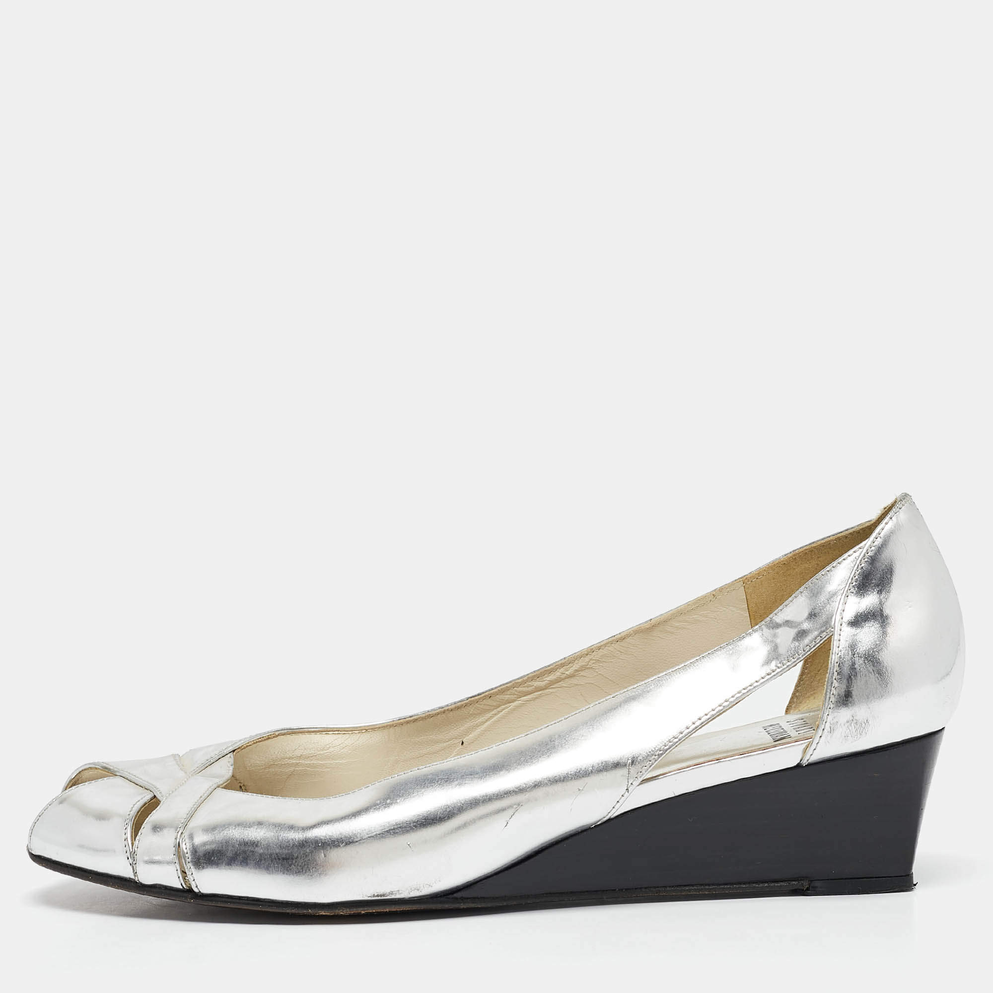 Stuart Weitzman Silver Leather Wedge Peep Toe Pumps Size 39