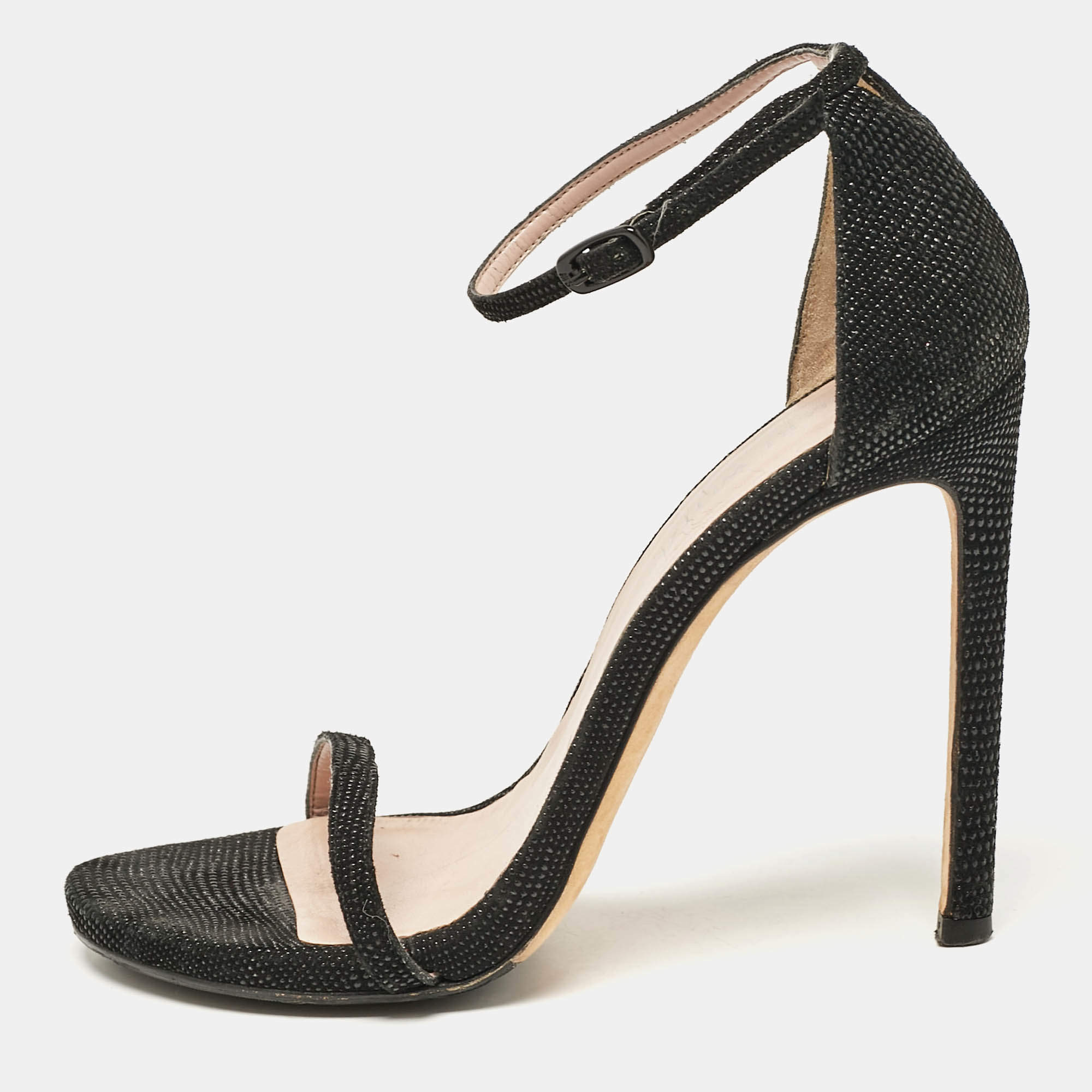 Stuart Weitzman Black Textured Suede Ankle Strap Open Toe Sandals Size 38