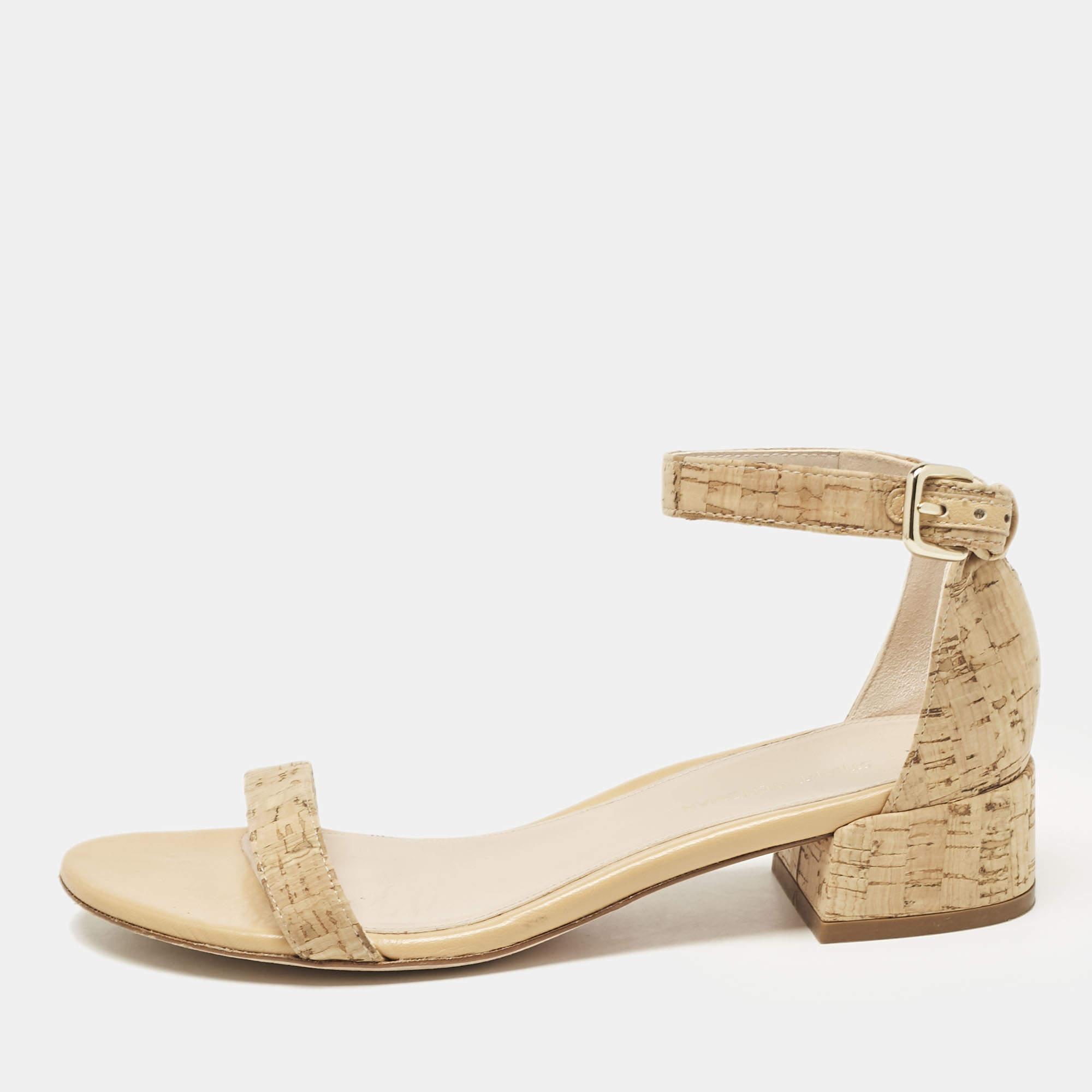 مملوكة مسبقًا Stuart Weitzman Beige Cork and Leather Ankle Strap Sandals Size 37.5