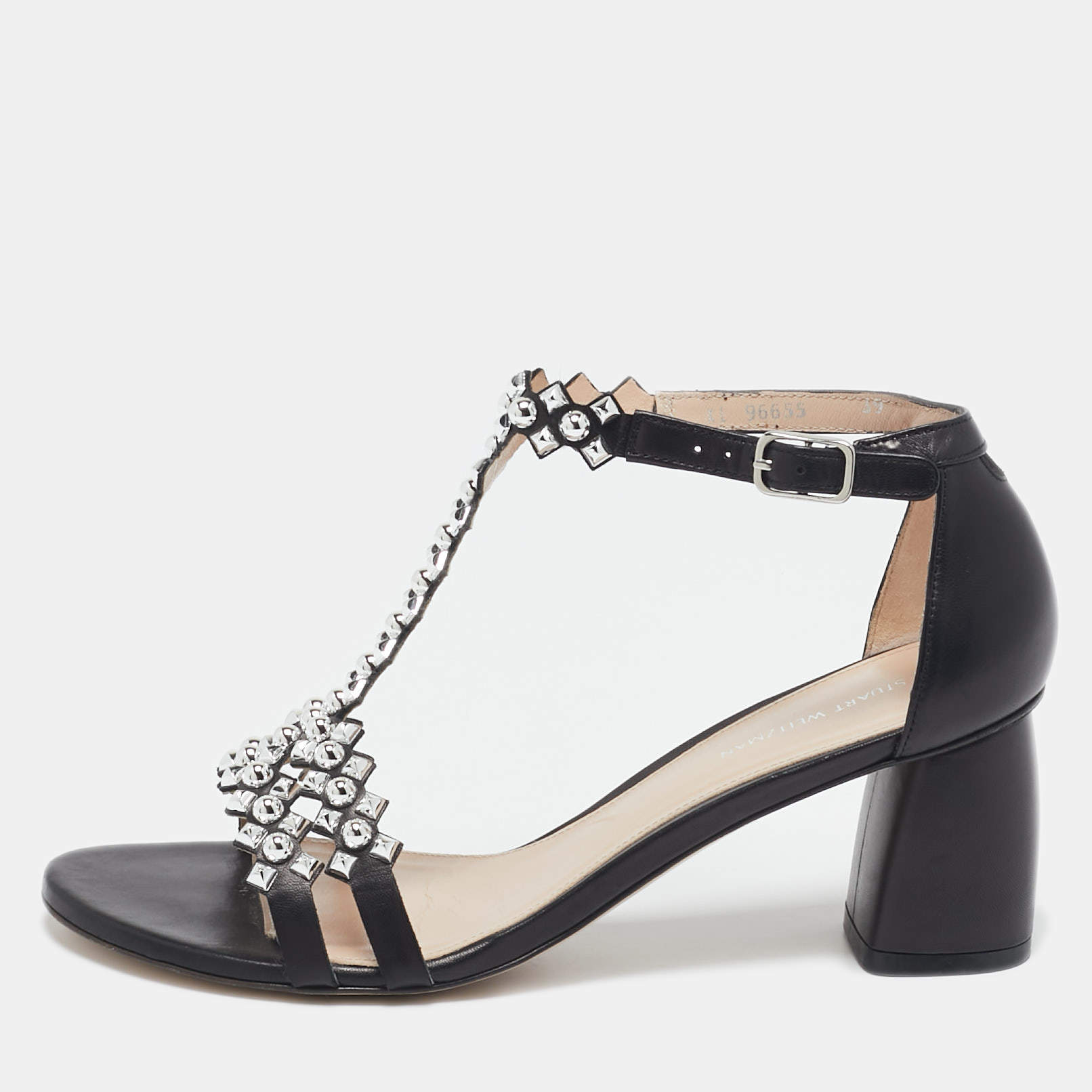 Stuart Weitzman Black Leather Studded T-Strap Sandals Size 39
