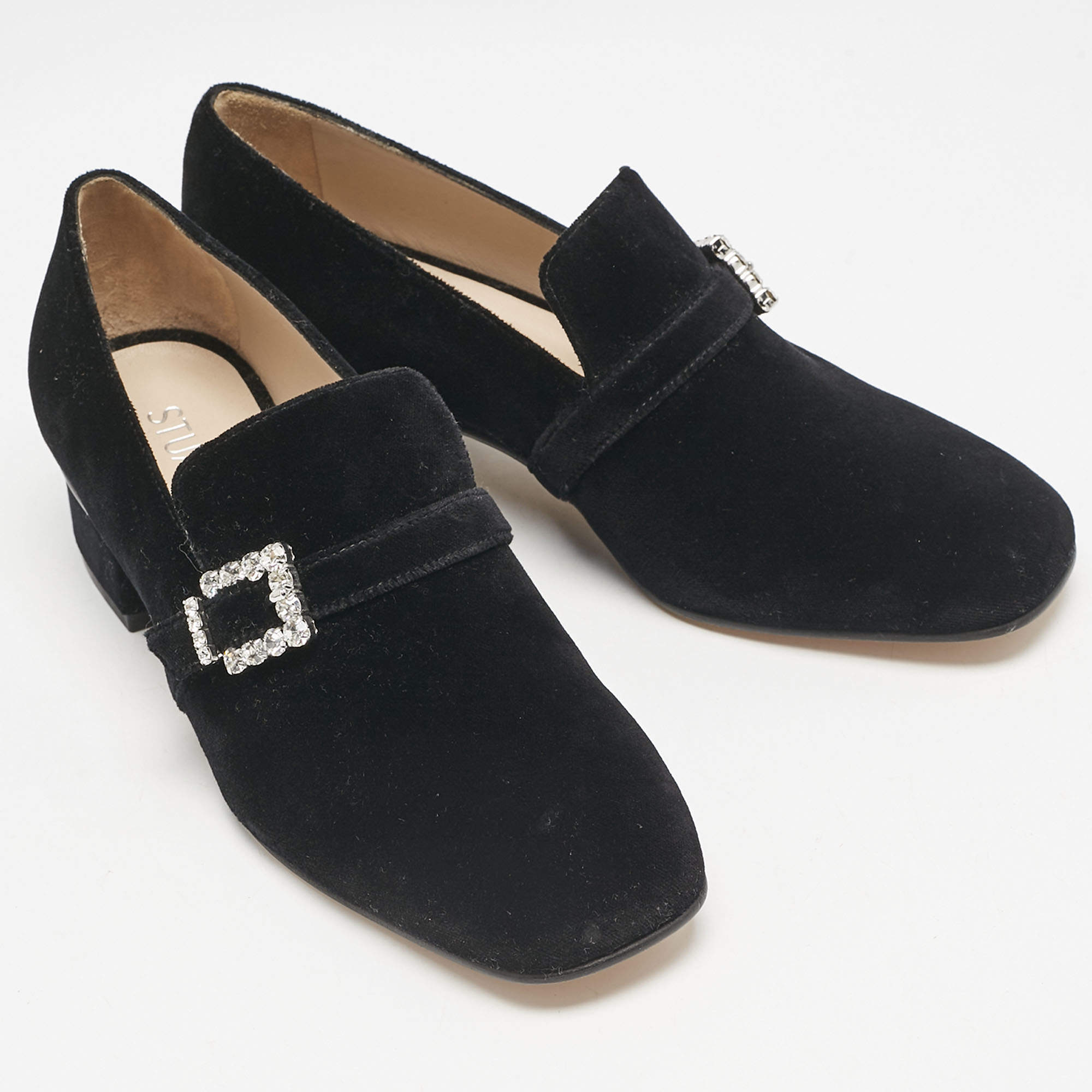 Pre Owned Stuart Weitzman Black Velvet Crystal Buckle Embellished  Loafers Size 37