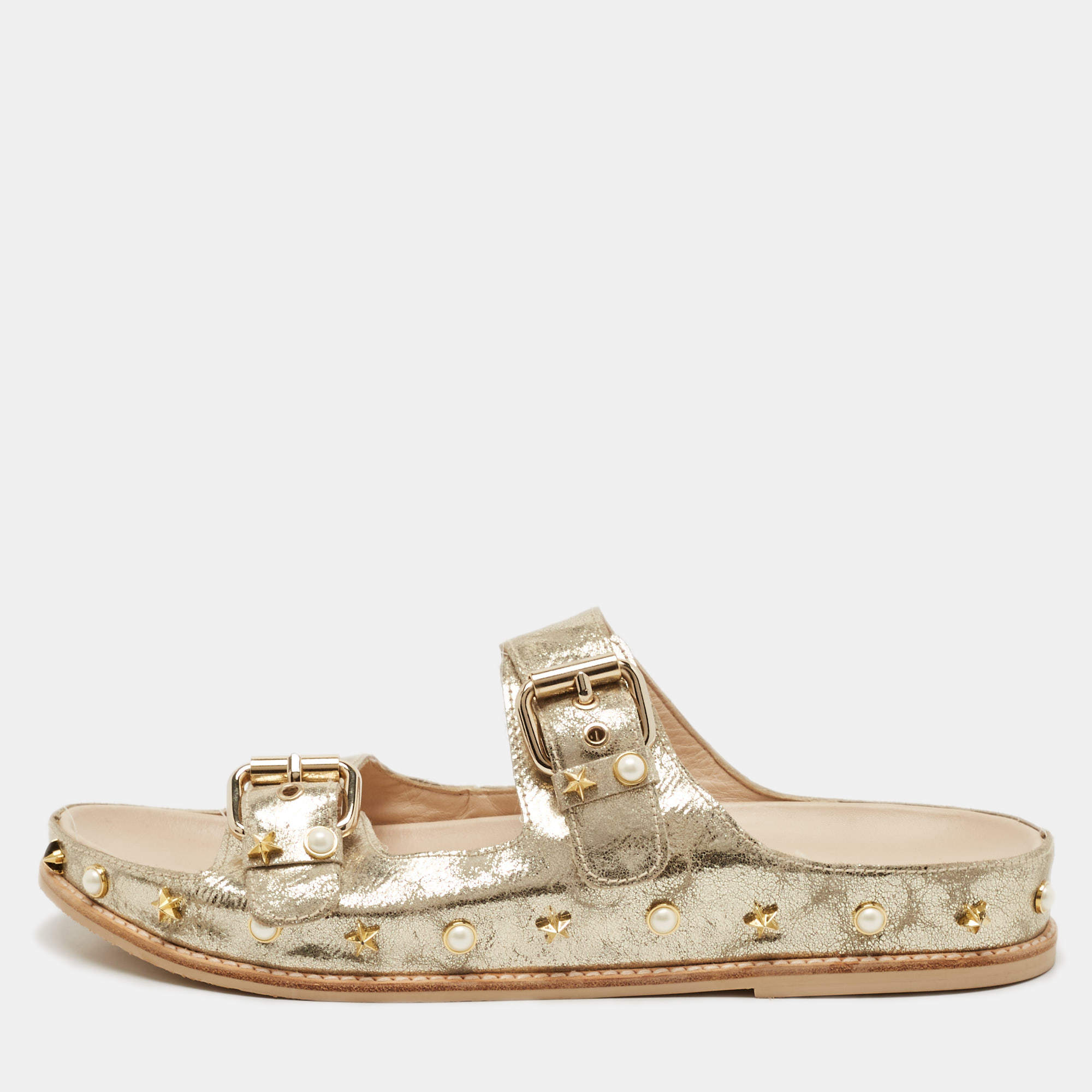 Stuart Weitzman Gold Texture Leather Embellished Slides Size 41
