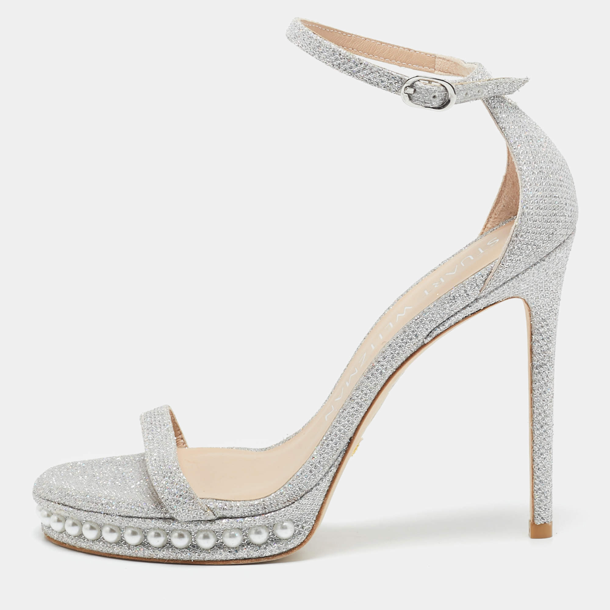 Stuart Weitzman Silver Glitter Nudist Ankle Strap Sandals Size 37.5