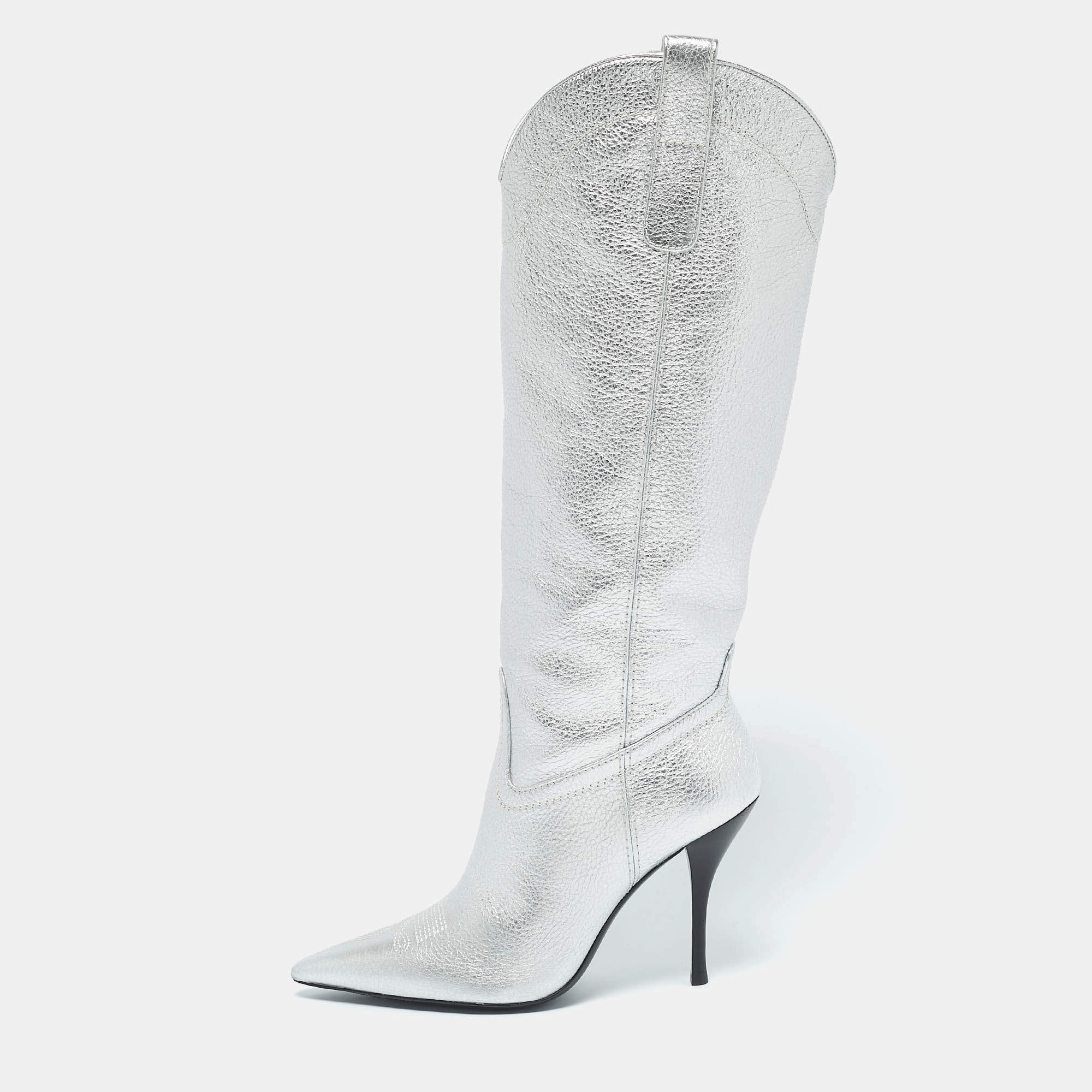 Stuart Weitzman Silver Leather Outwest Boots Size 38