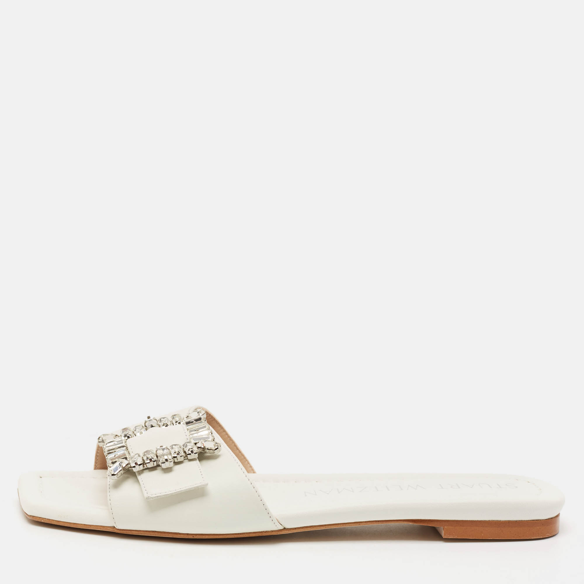 Stuart Weitzman White Leather Crystal Embellished Slide Sandals Size 37