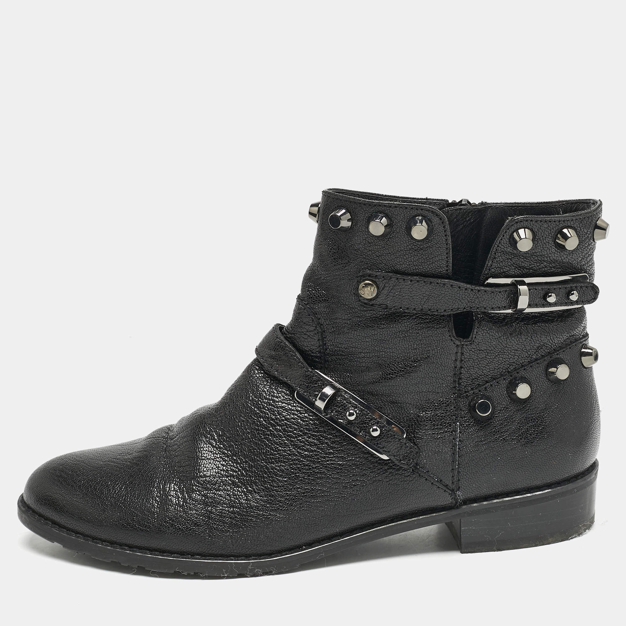 Stuart Weitzman Black Leather Studded Go West Ankle Boots Size 38