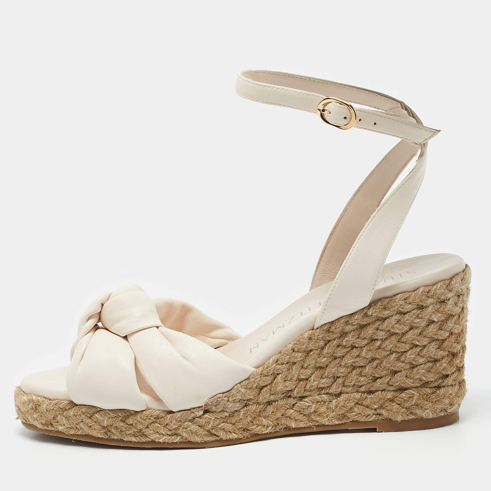 Stuart Weitzman Cream Leather Rosemarie Wedge Espadrille Sandals Size 37