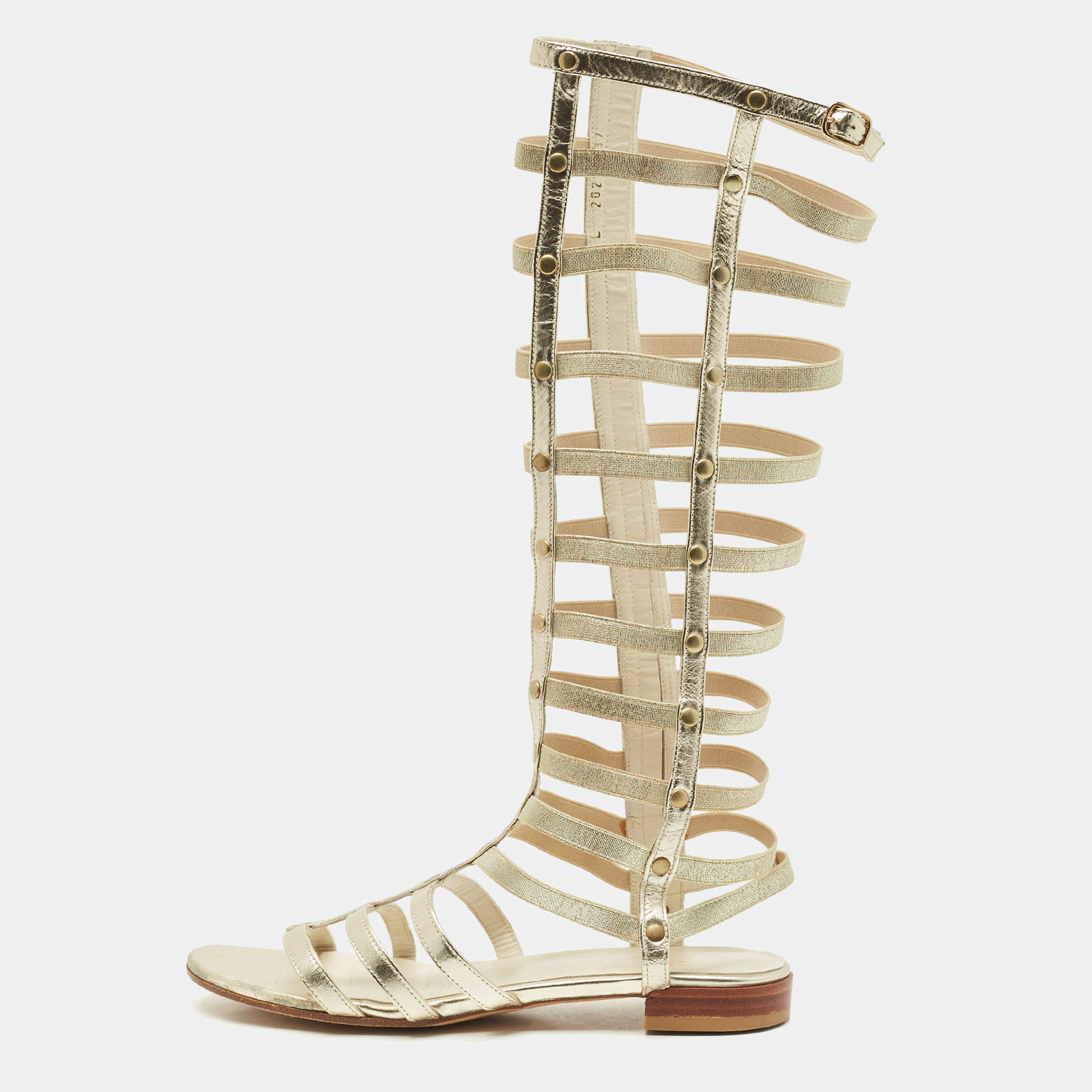Pre Owned Stuart Weitzman Metallic Gold Leather And Elastic Gladiator Flat Sandals Size 37