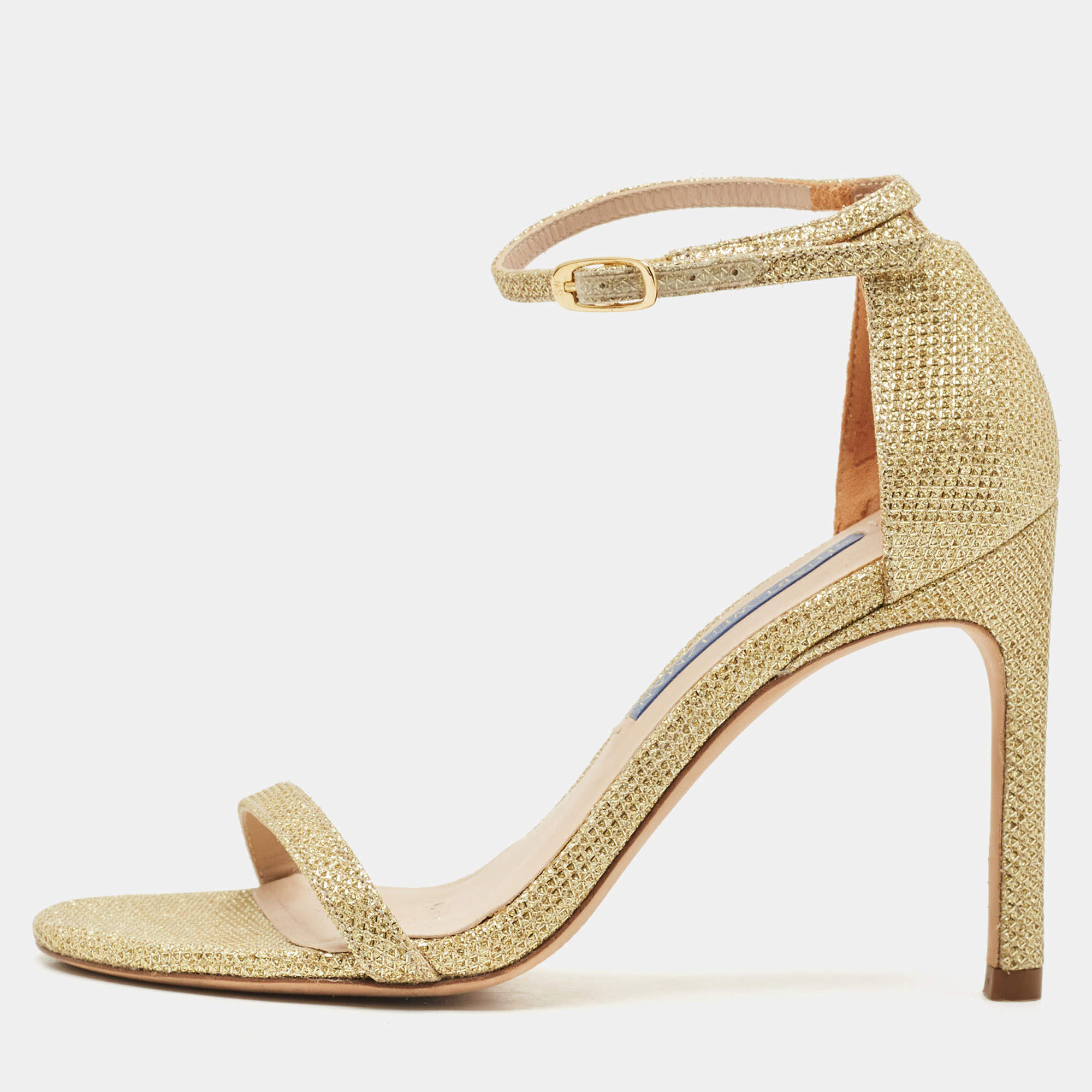 Pre Owned Stuart Weitzman Gold Glitter Ankle Strap Sandals Size 34