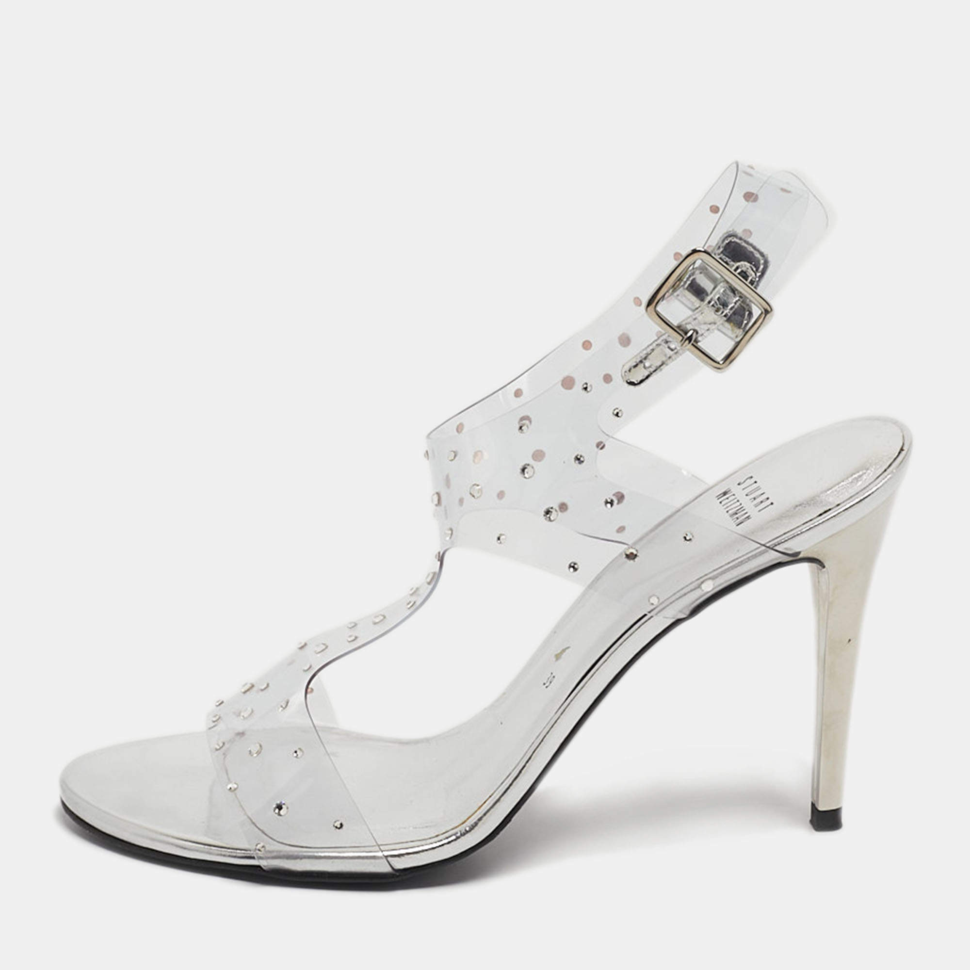 Pre Owned Stuart Weitzman Silver PVC Crystals Embellished T Strap Sandals Size 39