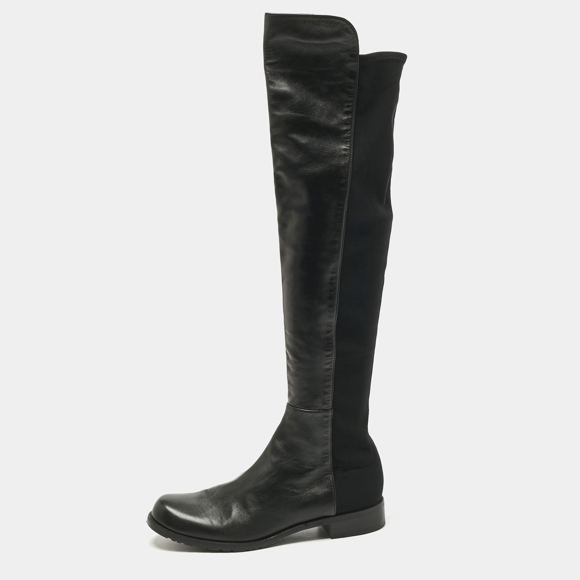 Pre Owned Stuart Weitzman Black Fabric and Leather Lowland Over The Knee Boots Size 41