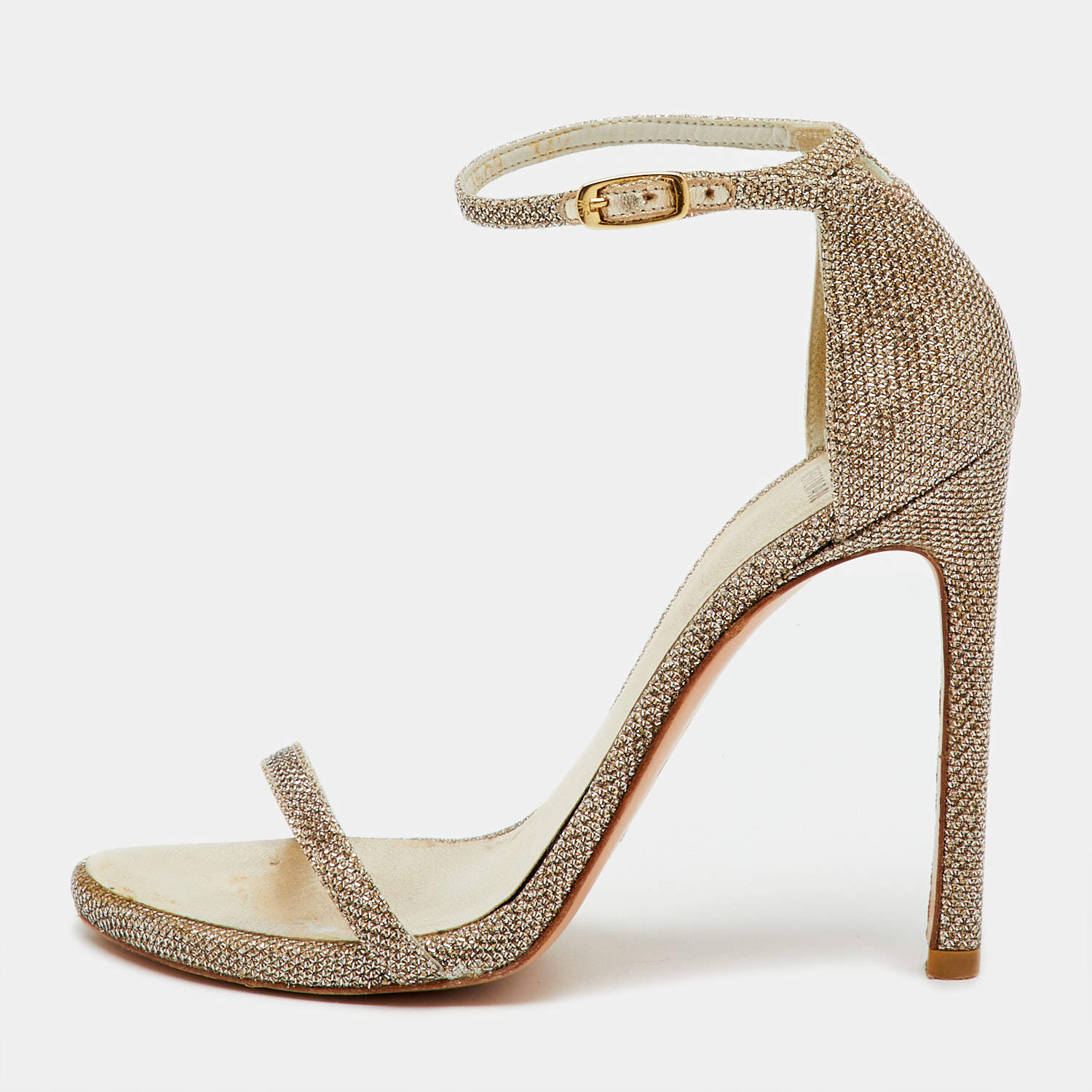 Pre Owned Stuart Weitzman Gold Metallic Lurex Fabric Nudist Ankle Strap Sandals Size 36.5