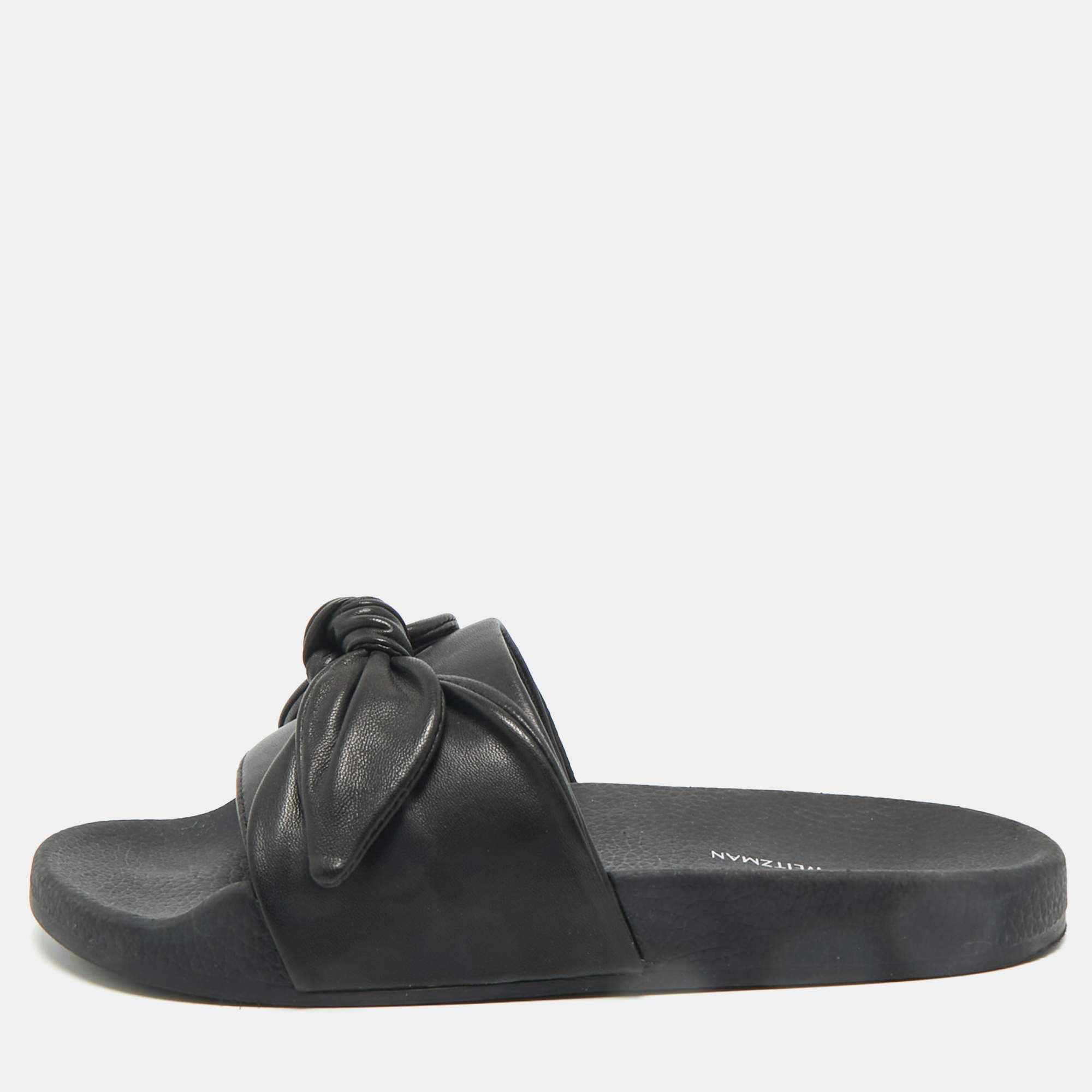 Pre Owned Stuart Weitzman Black Leather Bow Pool Slide Size 37.5