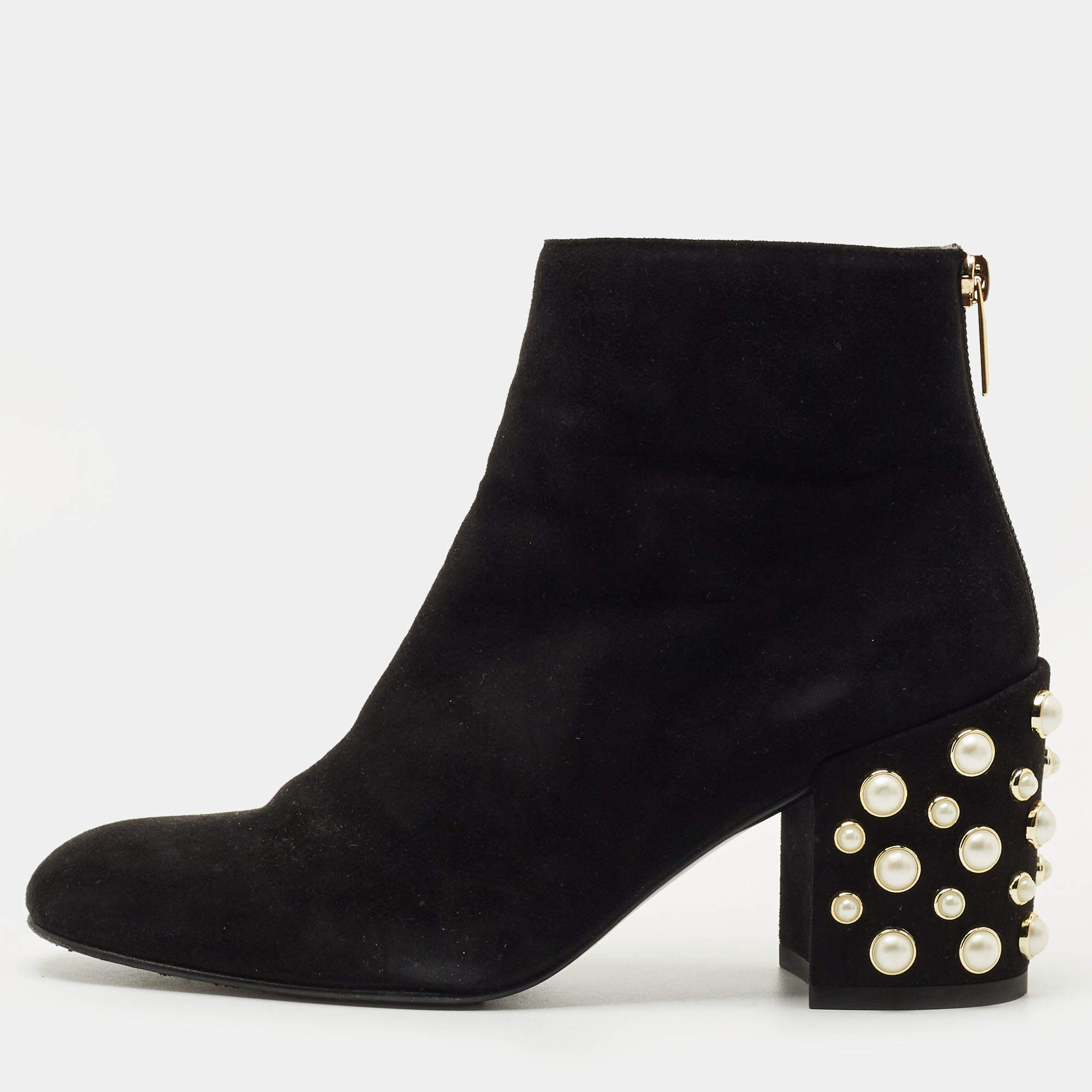 Pre Owned Stuart Weitzman Black Suede Faux Pearls Ankle Boots Size 37