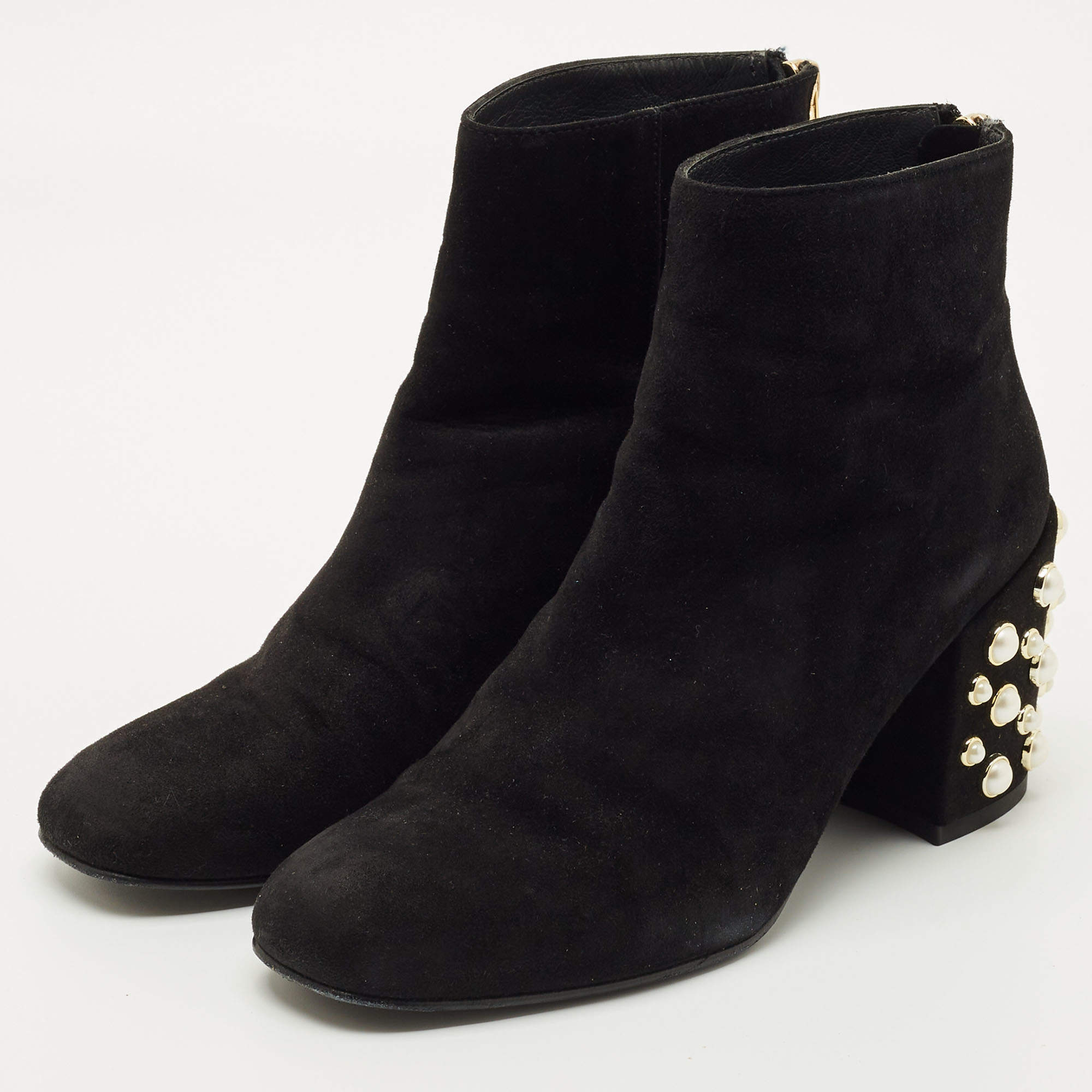 Stuart Weitzman Black Suede Faux Pearls Ankle Boots Size 37 Stuart