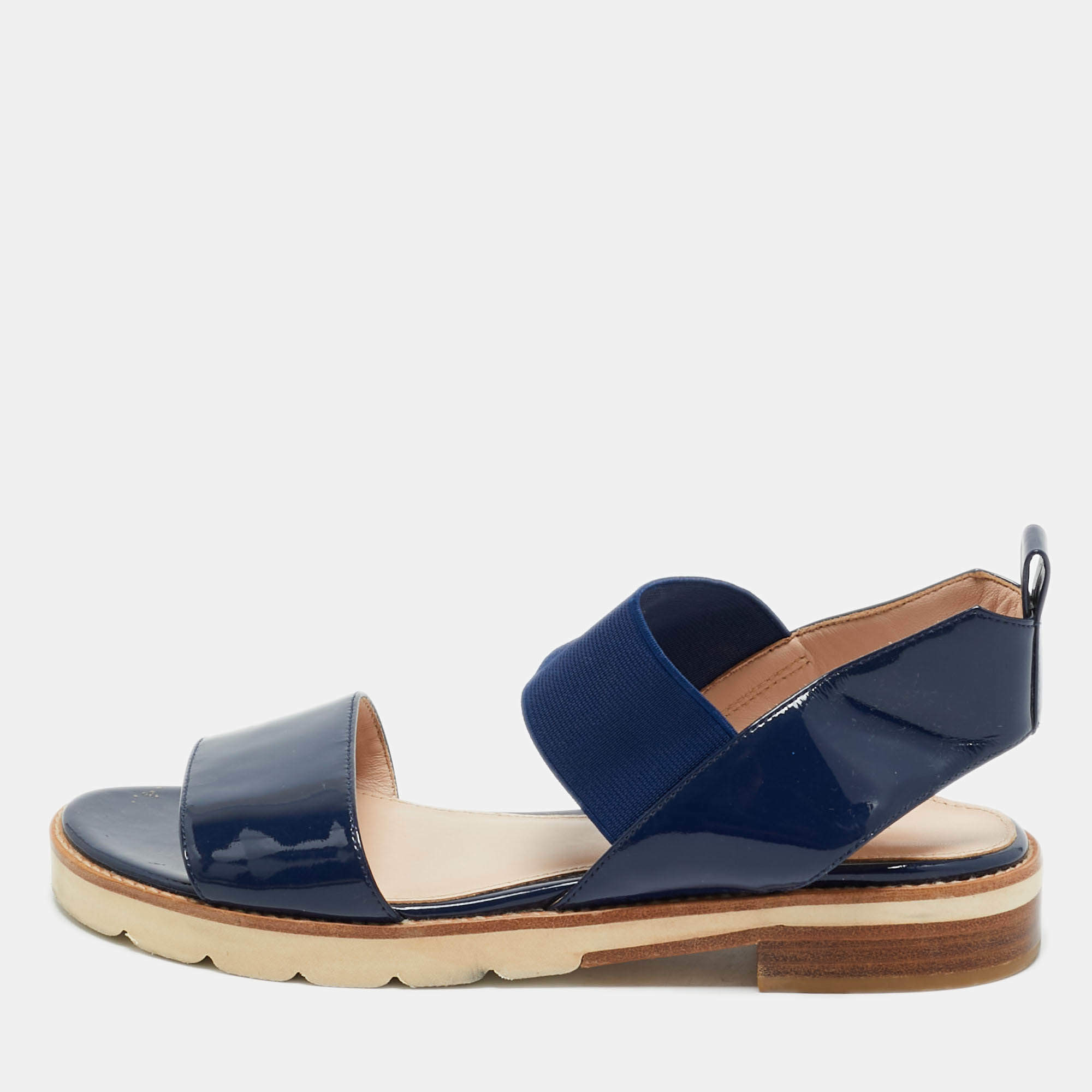 Pre Owned Stuart Weitzman Navy Blue Patent Leather Slingback Sandals Size 38.5
