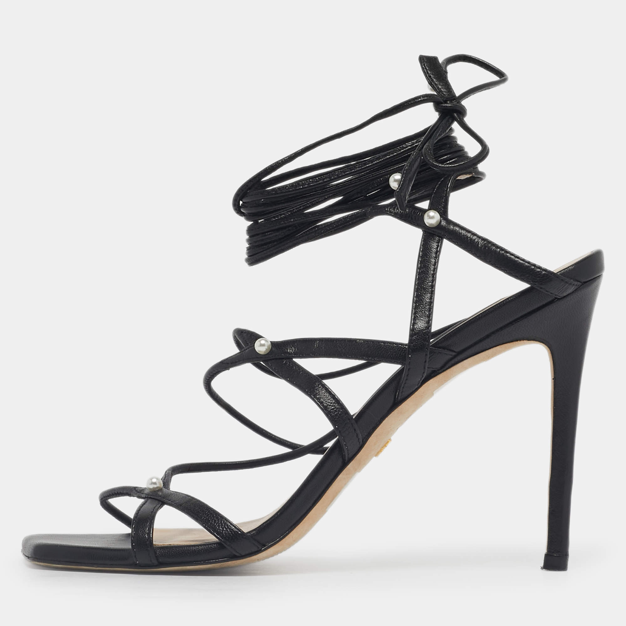 Pre Owned Stuart Weitzman Black Leather Ankle Wrap Sandals Size 39.5