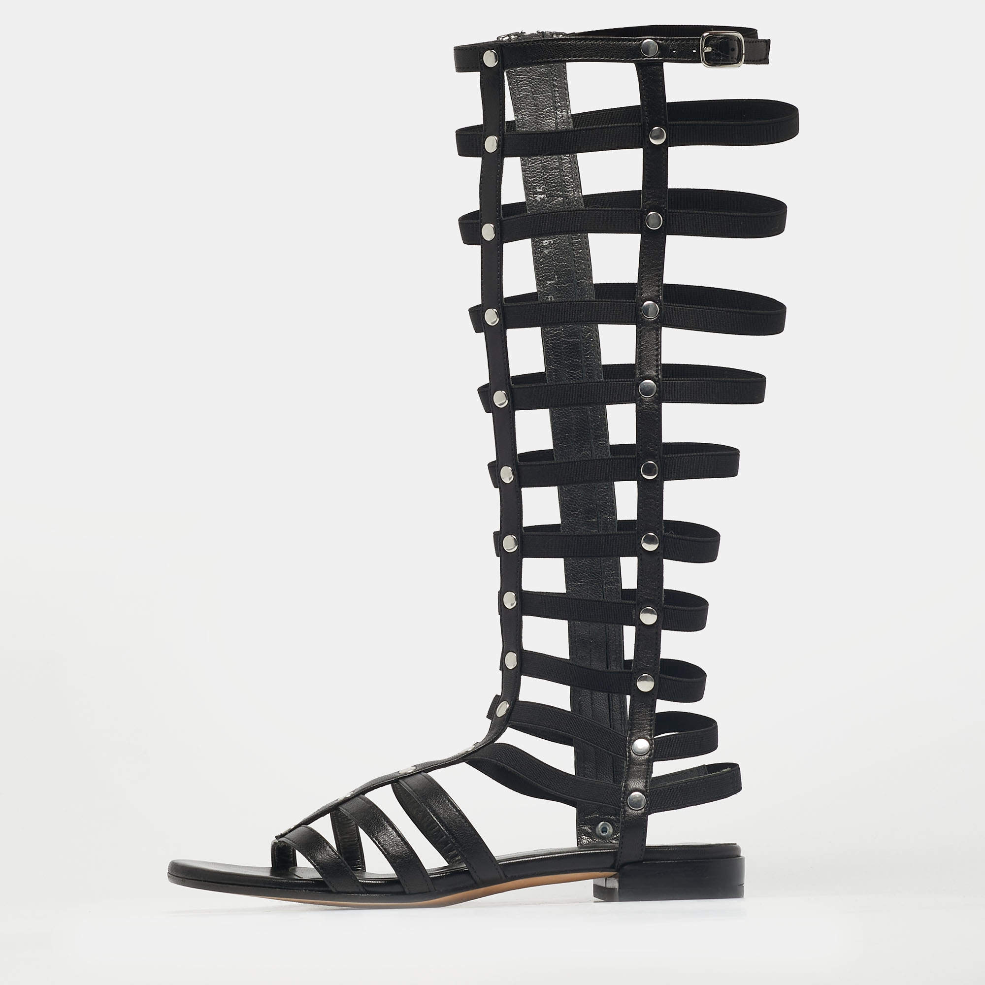 Pre Owned Stuart Weitzman Black Elastic and Leather Gladiator Flat Sandals Size 35