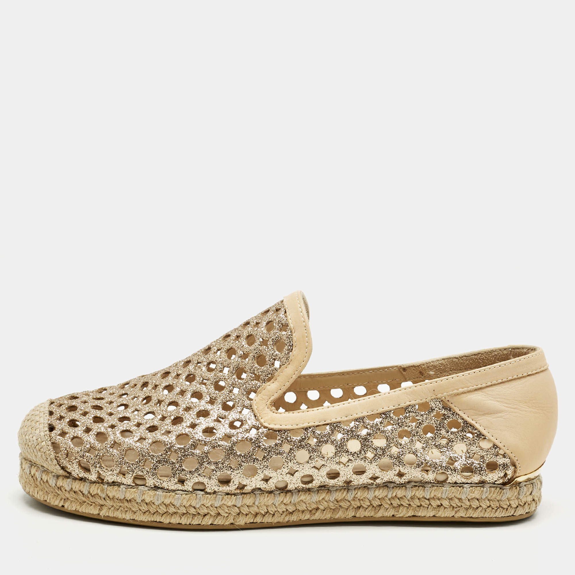 Pre Owned Stuart Weitzman Metallic Gold Leather Espadrille Flat Size 36