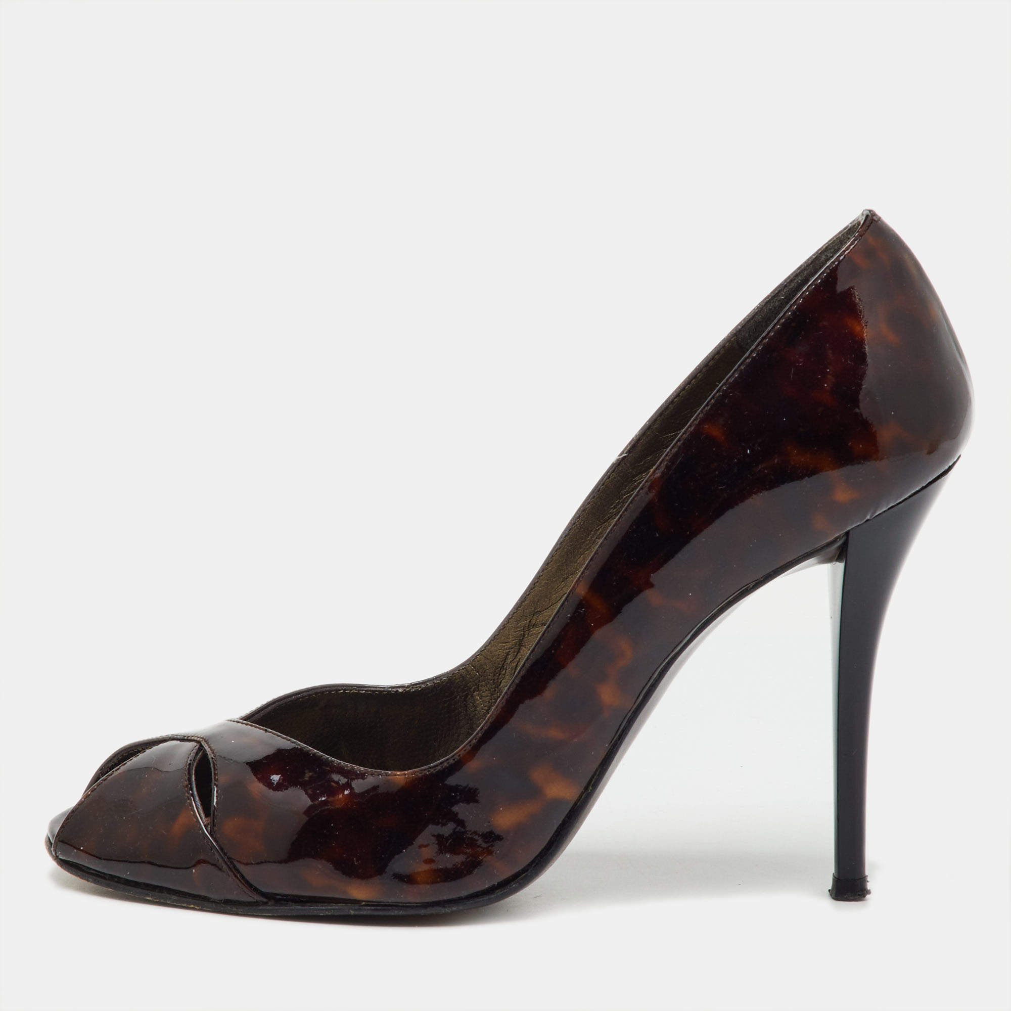 Pre Owned Stuart Weitzman Brown Tortoise Shell Patent Leather Peep Toe Pumps Size 37.5