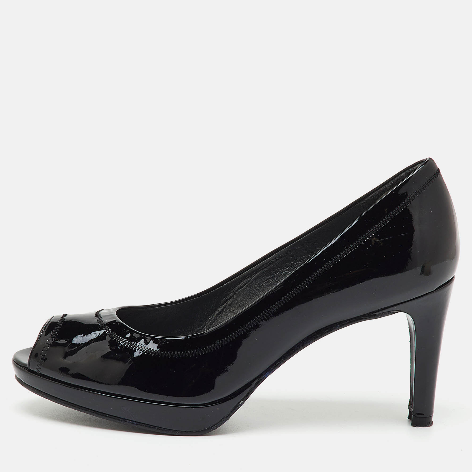 Pre Owned Stuart Weitzman Black Patent Leather Peep Toe Pumps Size 38.5
