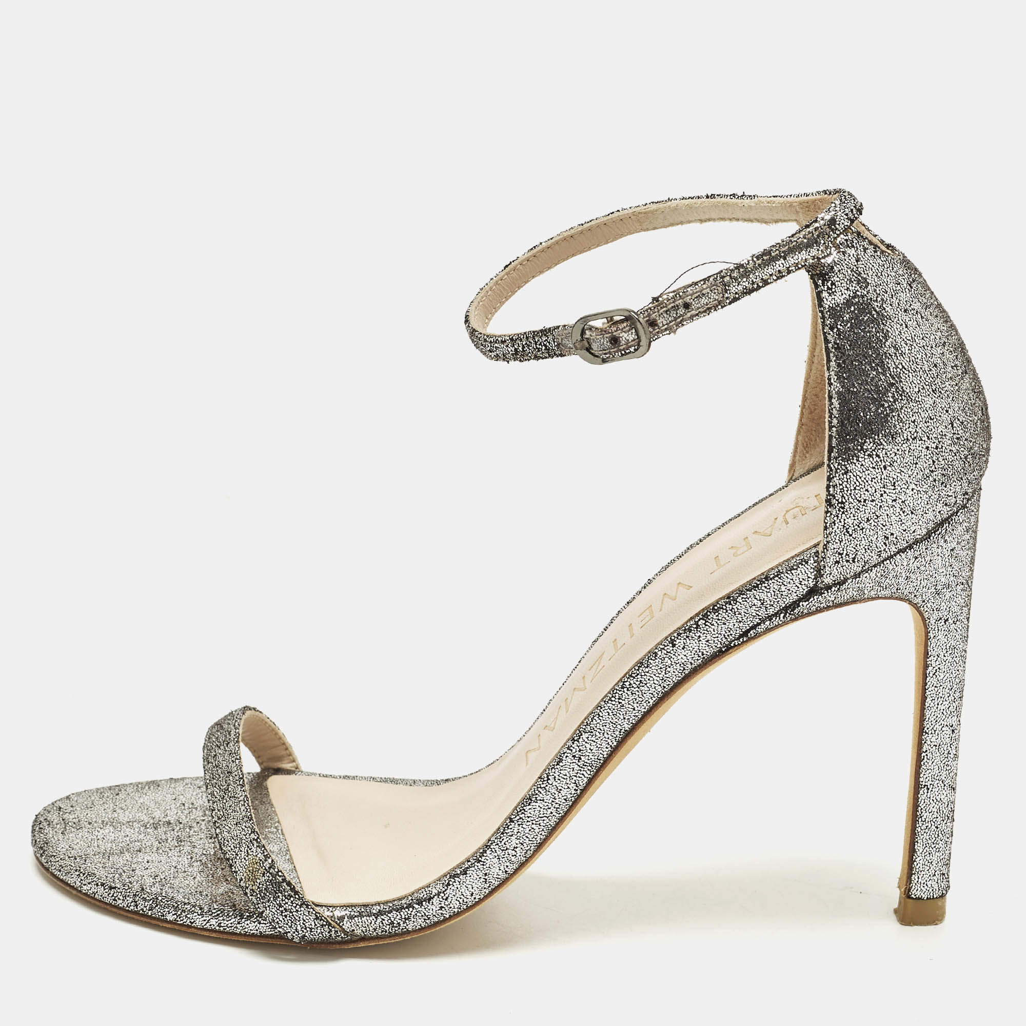 مملوكة مسبقًا Stuart Weitzman Nudistsong Size 37 Silver Texture Suede Ankle Strap Sandals