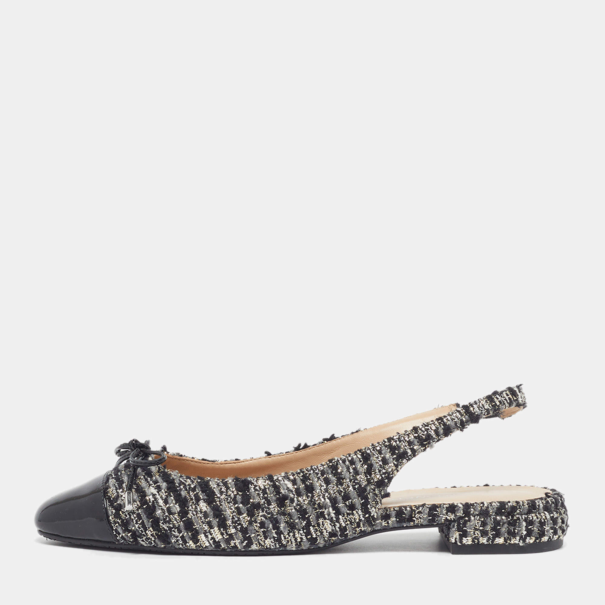 Pre Owned Stuart Weitzman Size 38.5 Black/Silver Patent Leather And Tweed Slingback Flats