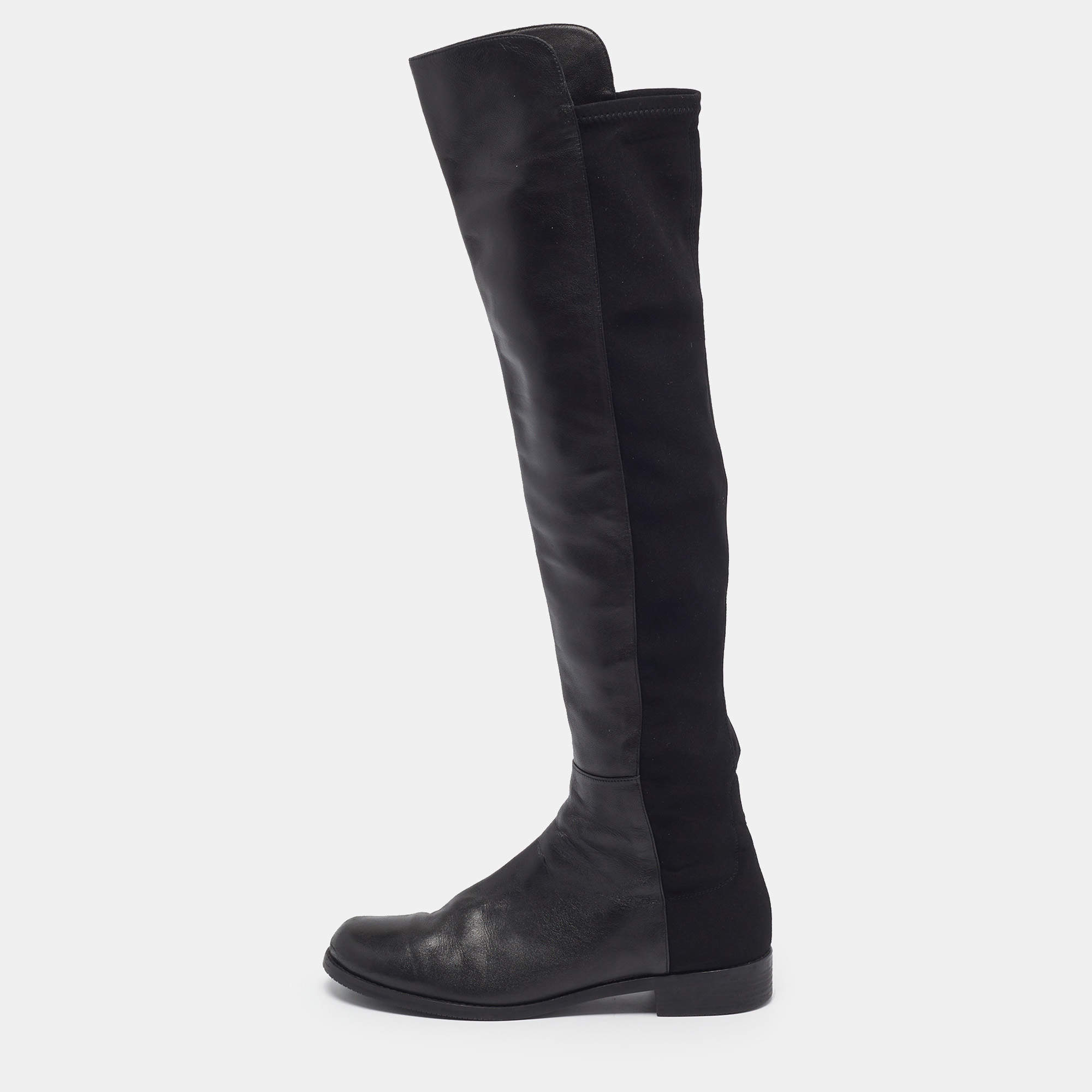 Pre Owned Stuart Weitzman 5050 Size 42 Black Fabric and Leather Knee Length Boots