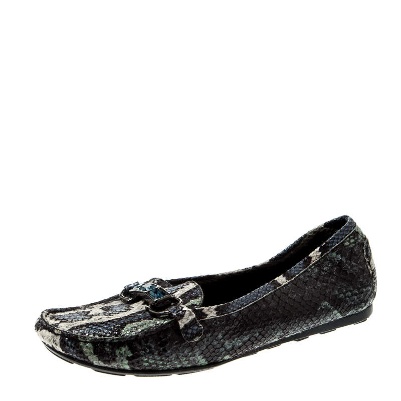 Stuart Weitzman Multicolor Python Embossed Leather Crystal Embellished Loafers Size 39.5