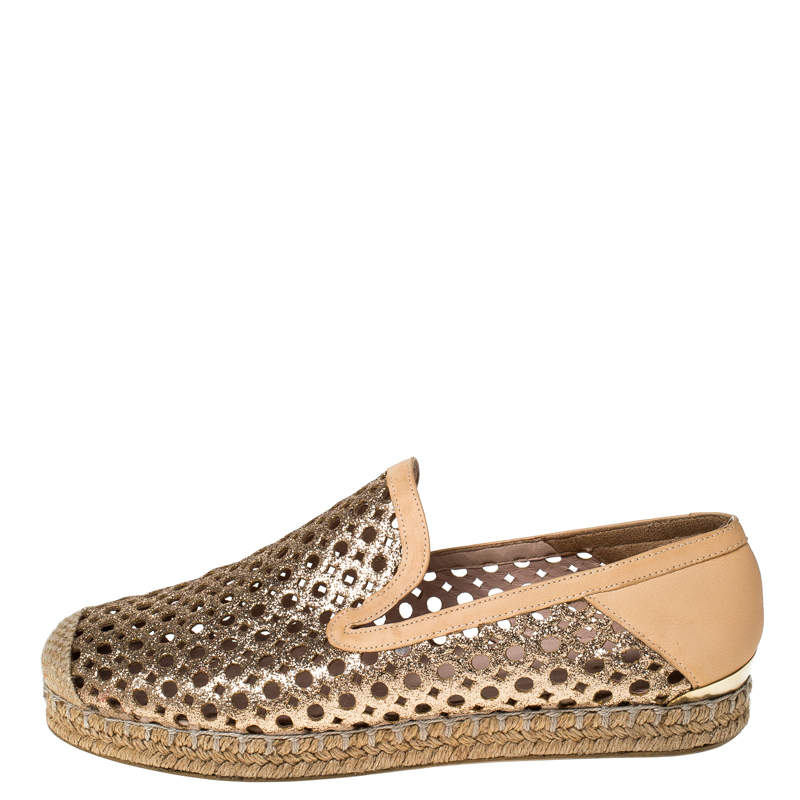 Pre Owned Stuart Weitzman Peach Perforated Glitter Leather Country Espadrille Flats Size 37