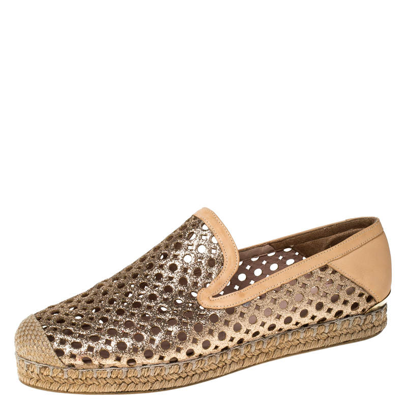 Stuart Weitzman Peach Perforated Glitter Leather Country Espadrille Flats Size 37