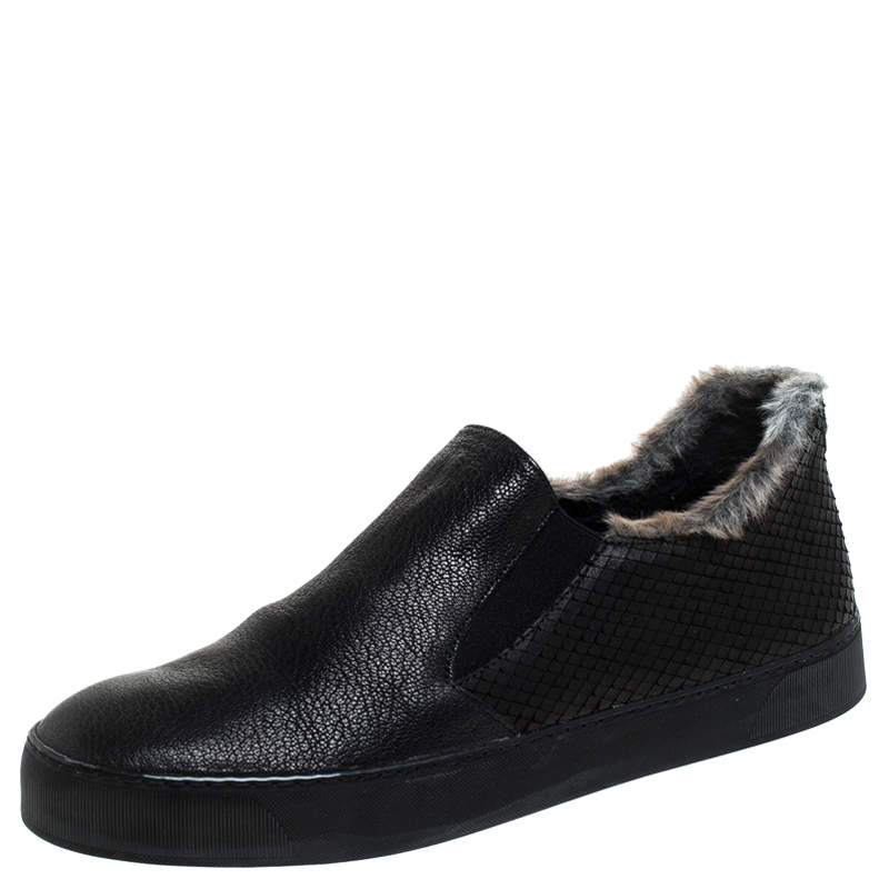 Stuart Weitzman Black Leather And Faux Fur Slip on Sneakers Size 39.5