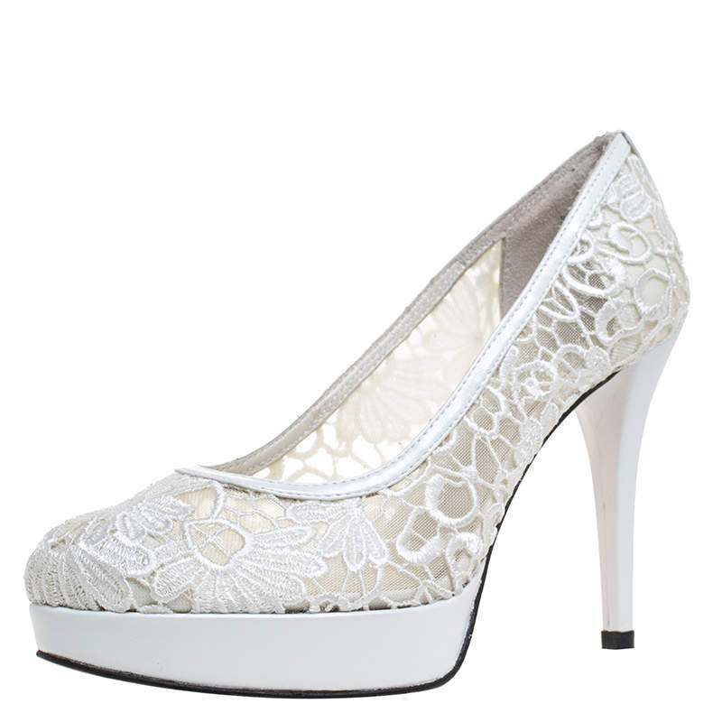 Stuart Weitzman White Lace Swoon Platform Pumps Size 37