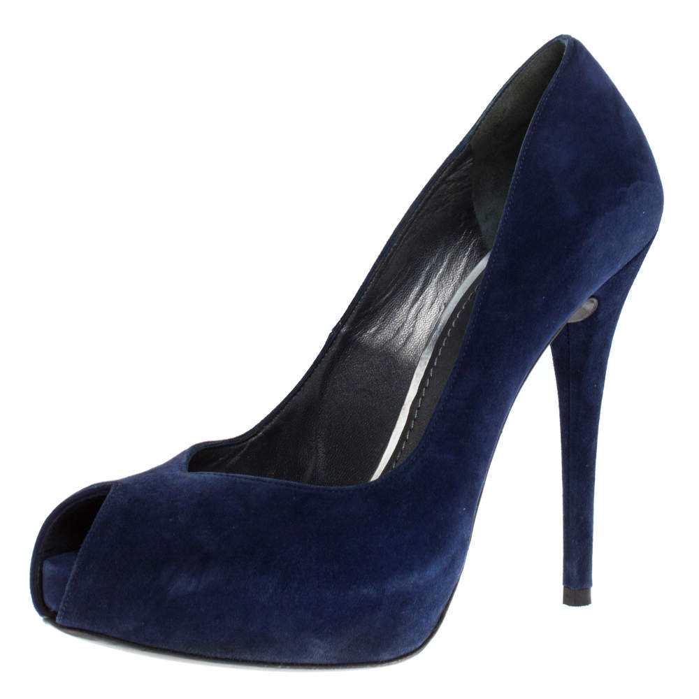 Stuart Weitzman Blue Suede Platform Peep Toe Pumps Size 40.5