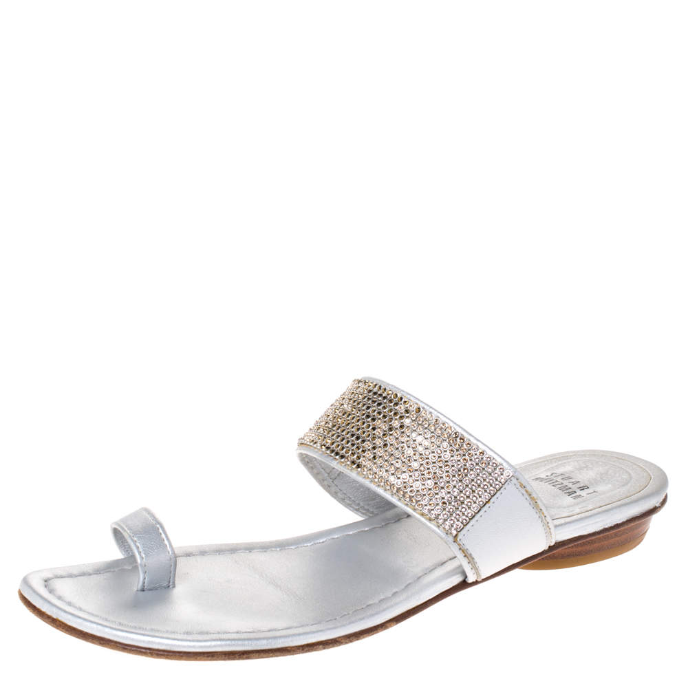Pre Owned Stuart Weitzman Silver Leather Crystal Embellished Toe Ring Flats Size 37.5