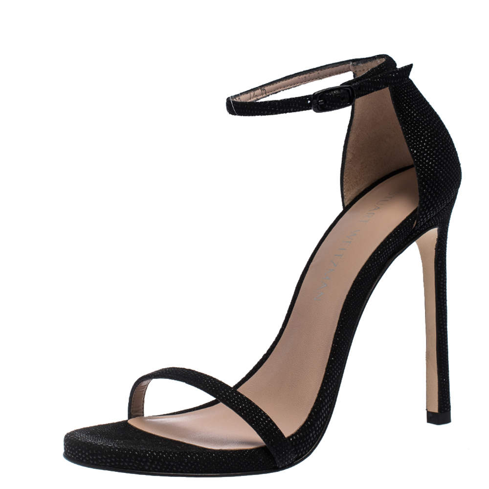 Stuart Weitzman Black Textured Suede Ankle Strap Open Toe Sandals Size 38