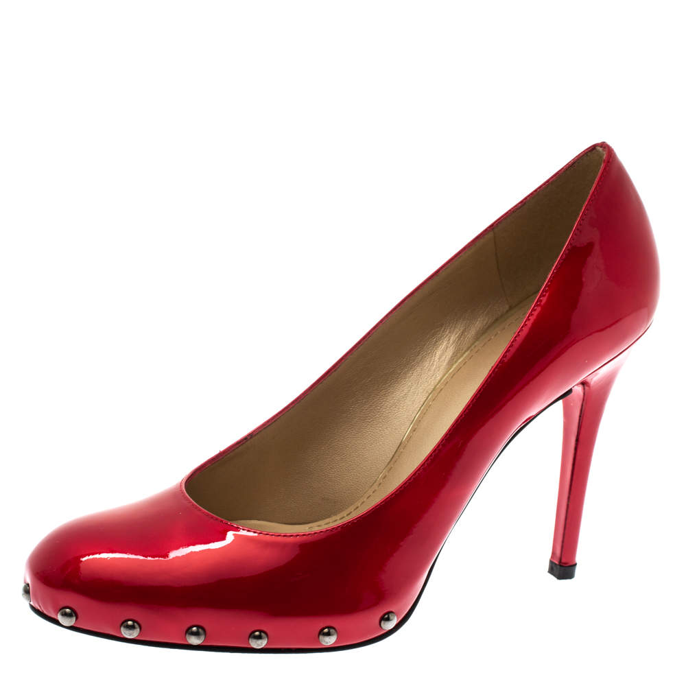 Stuart Weitzman Red Patent Leather Studded Platform Pumps Size 40