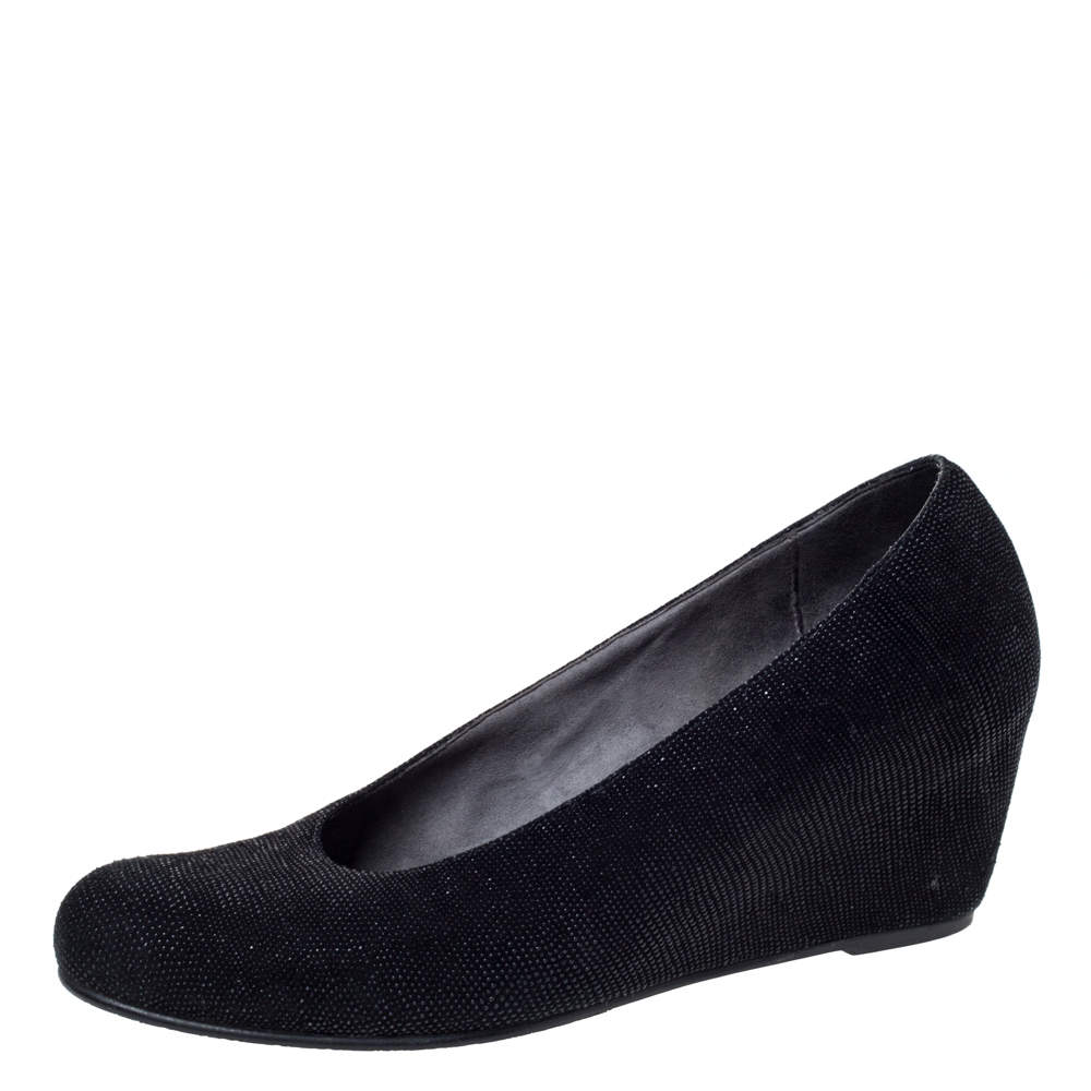 Stuart Weitzman Black Textured Suede Leather Wedge Heels Pumps Size 40.5