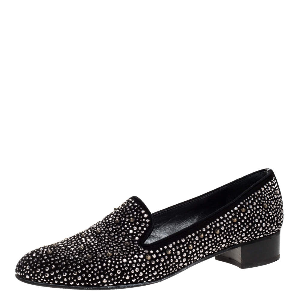 Pre Owned Stuart Weitzman Black Embellished Suede Leather Slip On Smoking Slippers Size 40