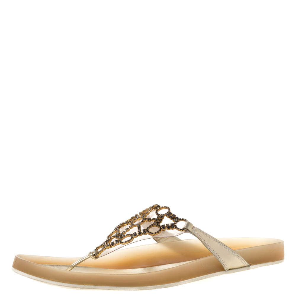 Pre Owned Stuart Weitzman Puppy Luv Gold Leather And PVC Crystal Embellished Thong Flat Sandals Size 41