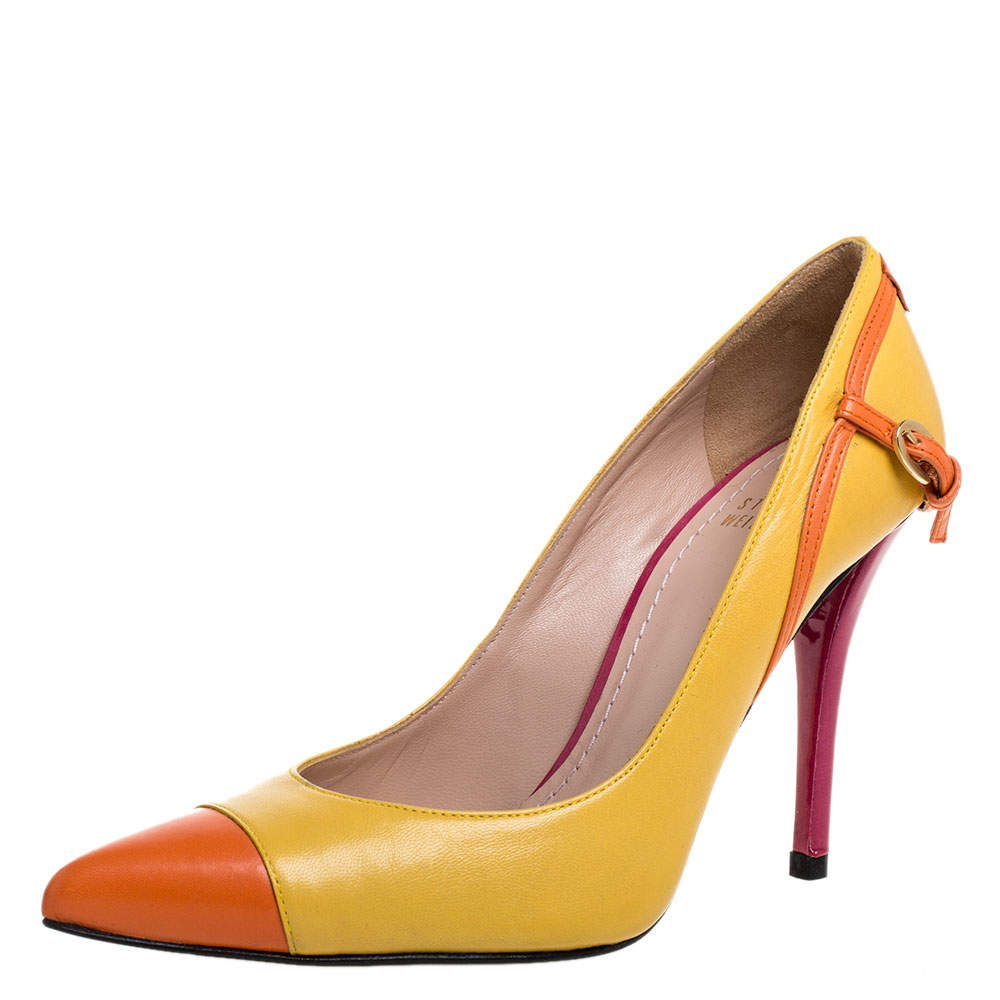 Stuart Weitzman Yellow/Orange Leather Buckle Pointed Toe Pumps Size 37