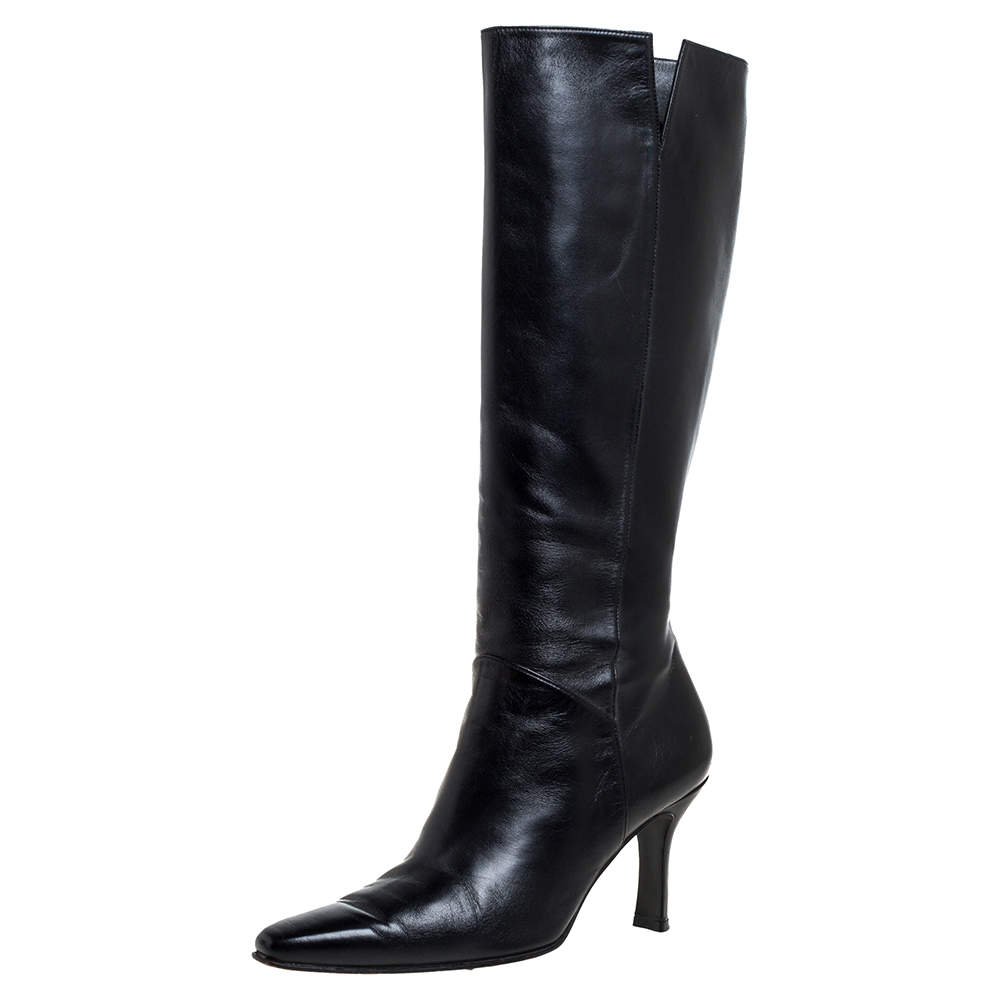 Pre Owned Stuart Weitzman Black Leather Zipped Knee High Boots Size 38 