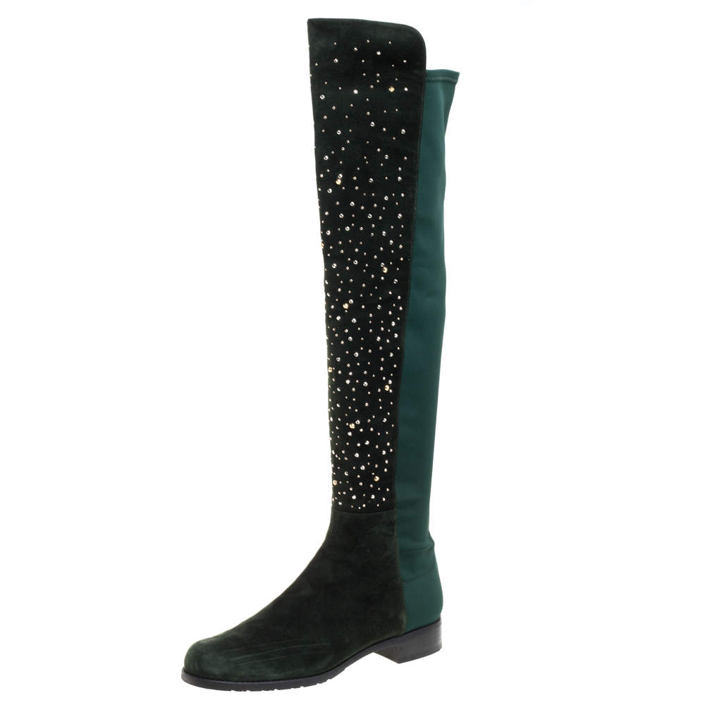 Stuart Weitzman Green Suede And Fabric Crystal/Stud Embellished High Boots Size 41